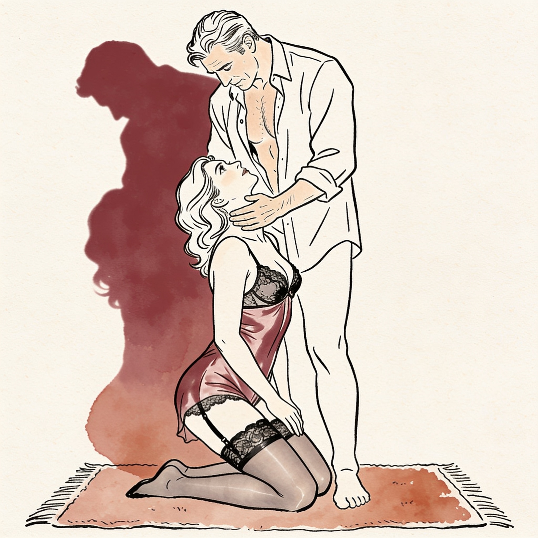 A woman in lingerie kneels, looking up at a man who gently holds her face.