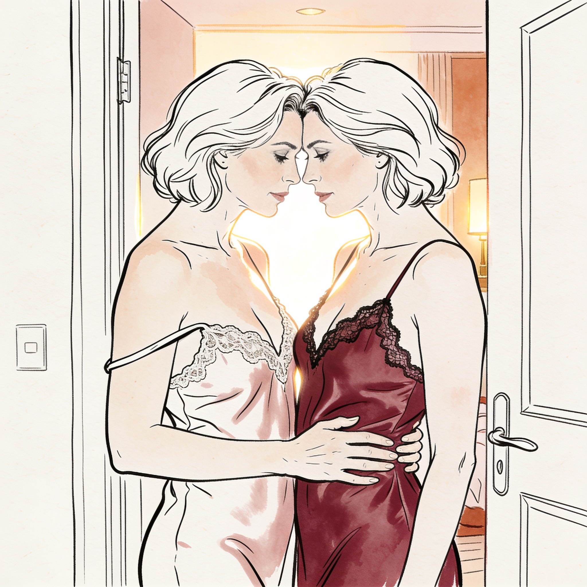 Two women share an intimate, charged moment in a softly lit doorway.