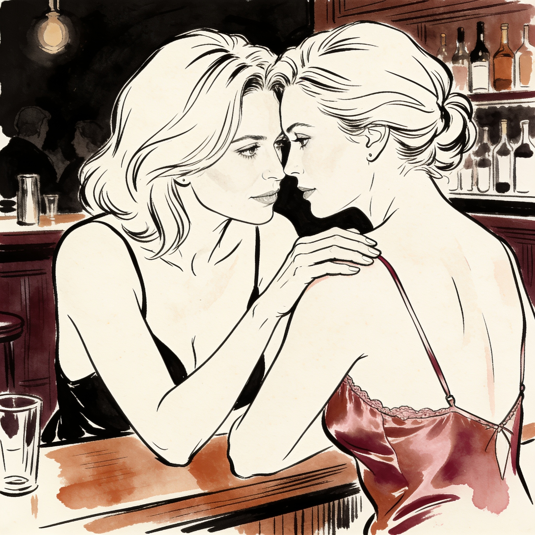 Two women in a bar, foreheads nearly touching, sharing an intimate, charged moment.