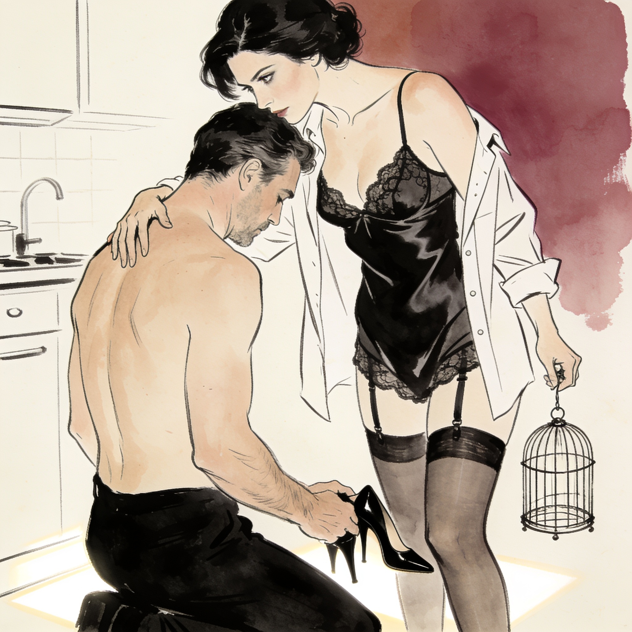 A submissive man kneels, holding high heels, as a dominant woman watches.
