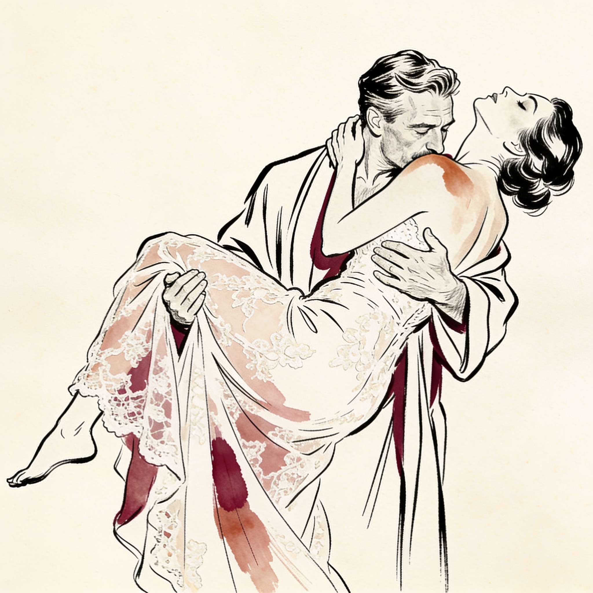 A man carries his bride, kissing her shoulder as she leans back in his arms.