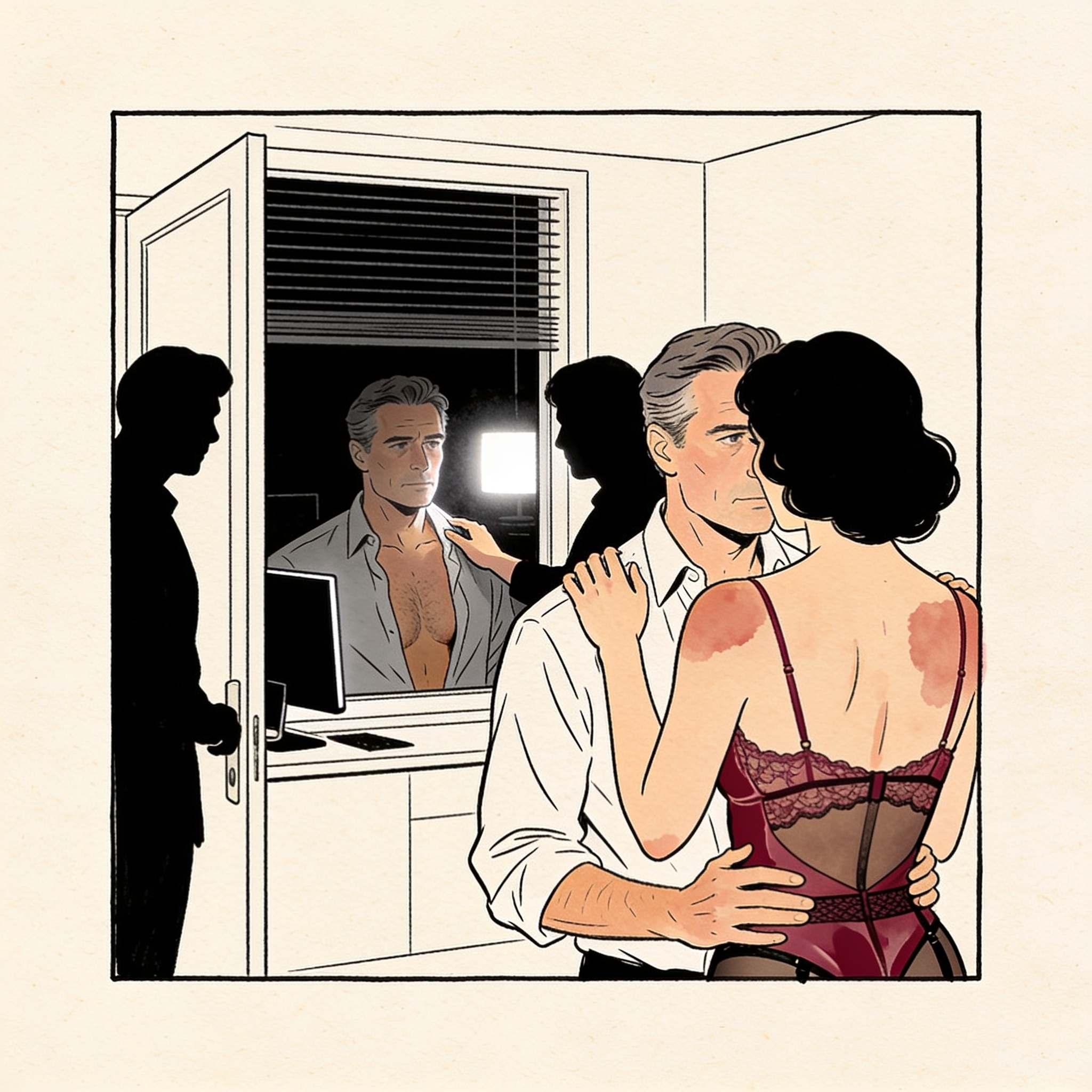 A man's reflection in a window, flanked by two silhouettes, his shirt open.