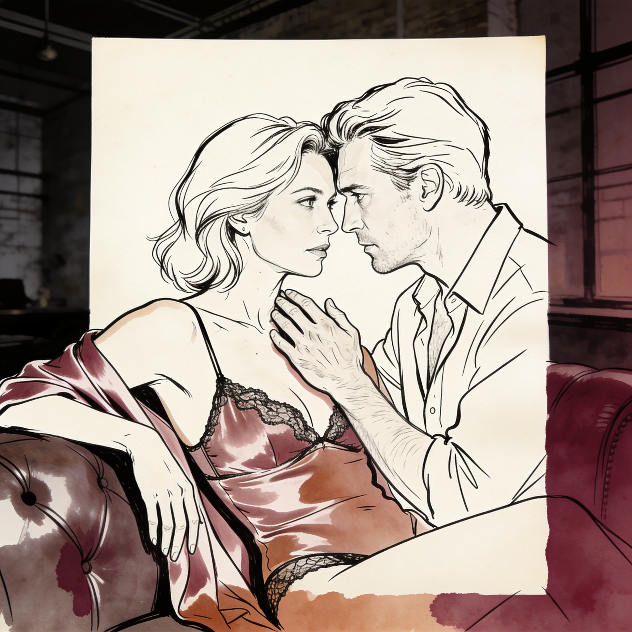 Man and woman close, her camisole off-shoulder, his hand almost touching her skin.