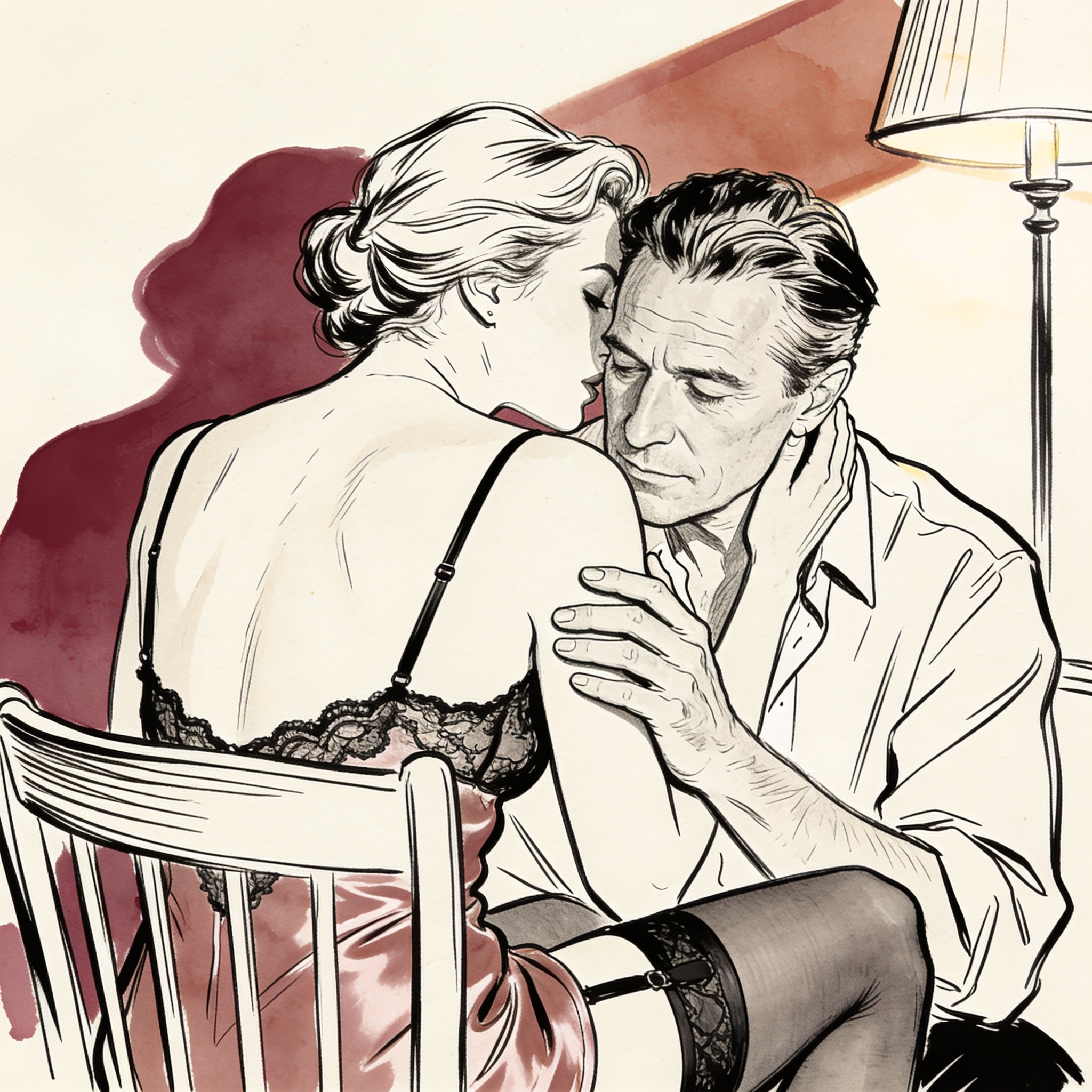 A woman whispers to a man in an office chair, his hand resting on her arm.