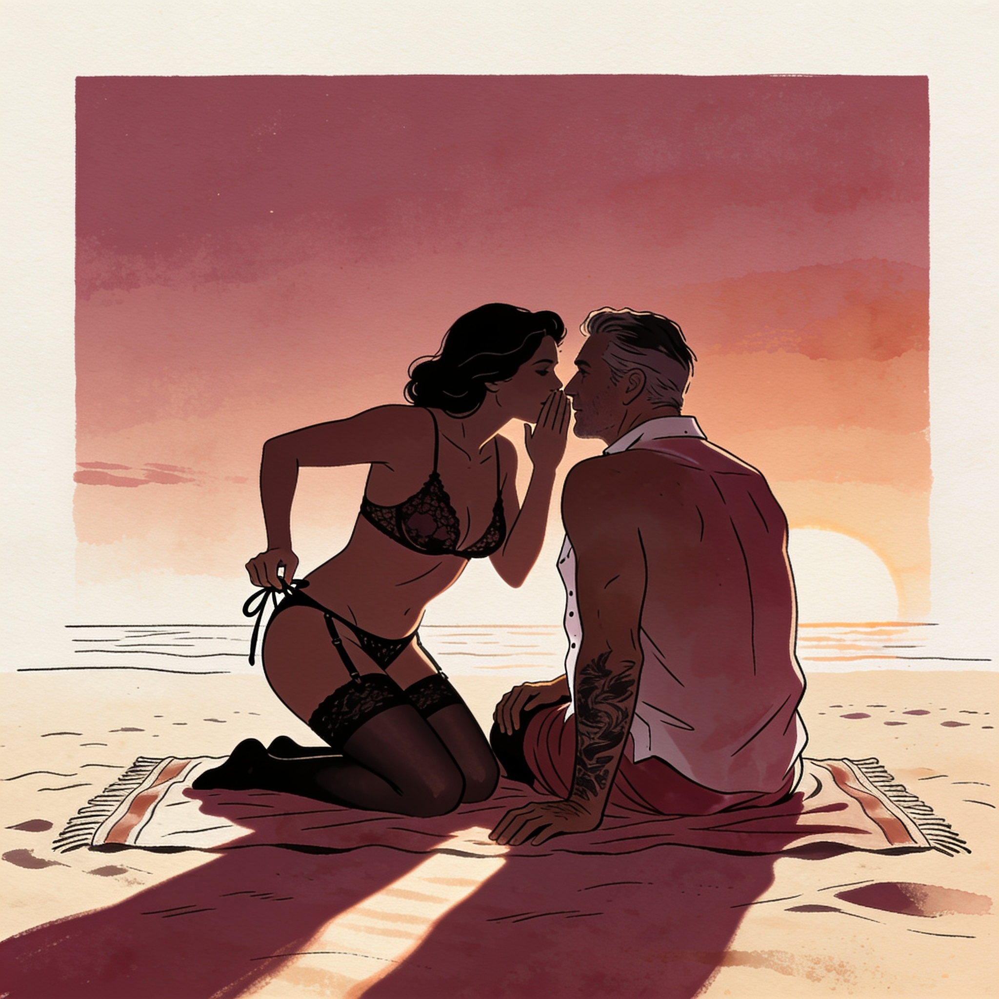 A woman whispers to a man at dusk on a beach, fingers on her bikini string.