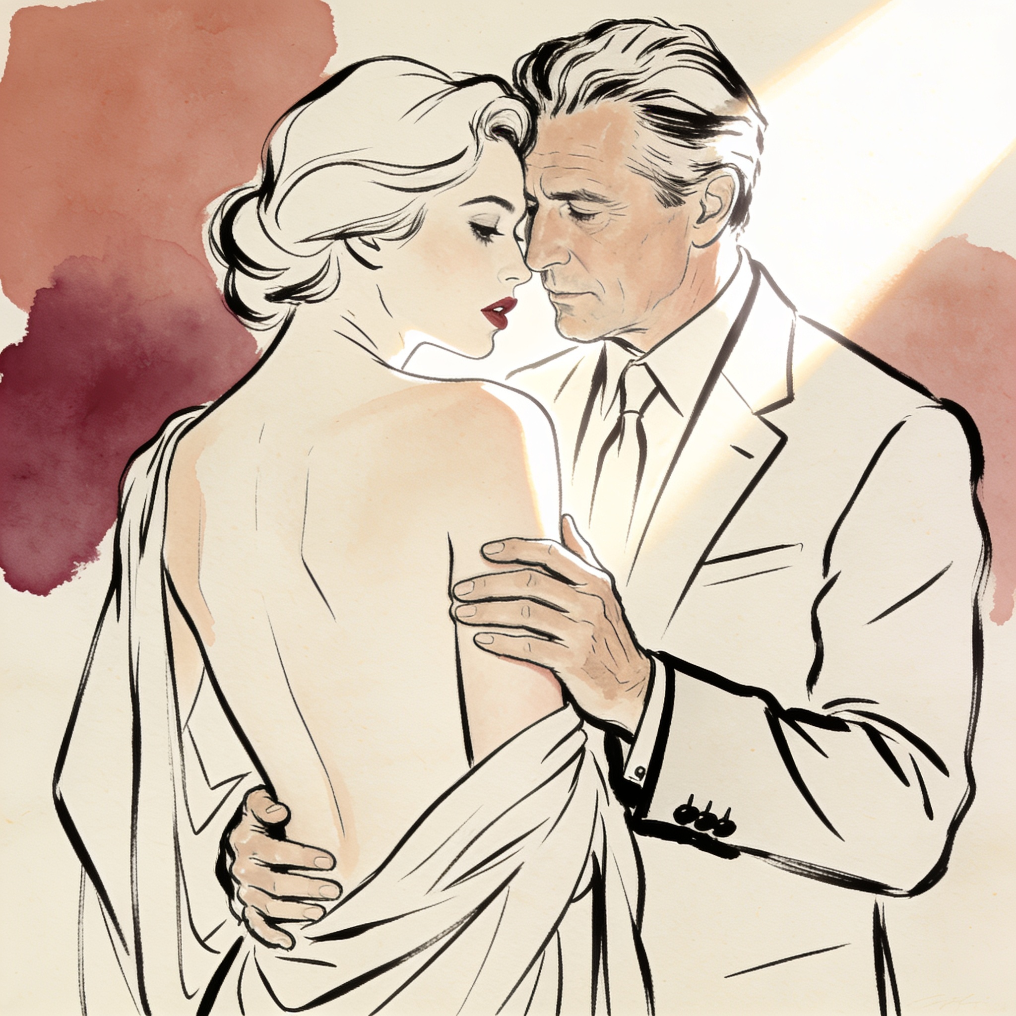 A man in a suit leans close to a woman in a sundress, their bodies touching as they sha...
