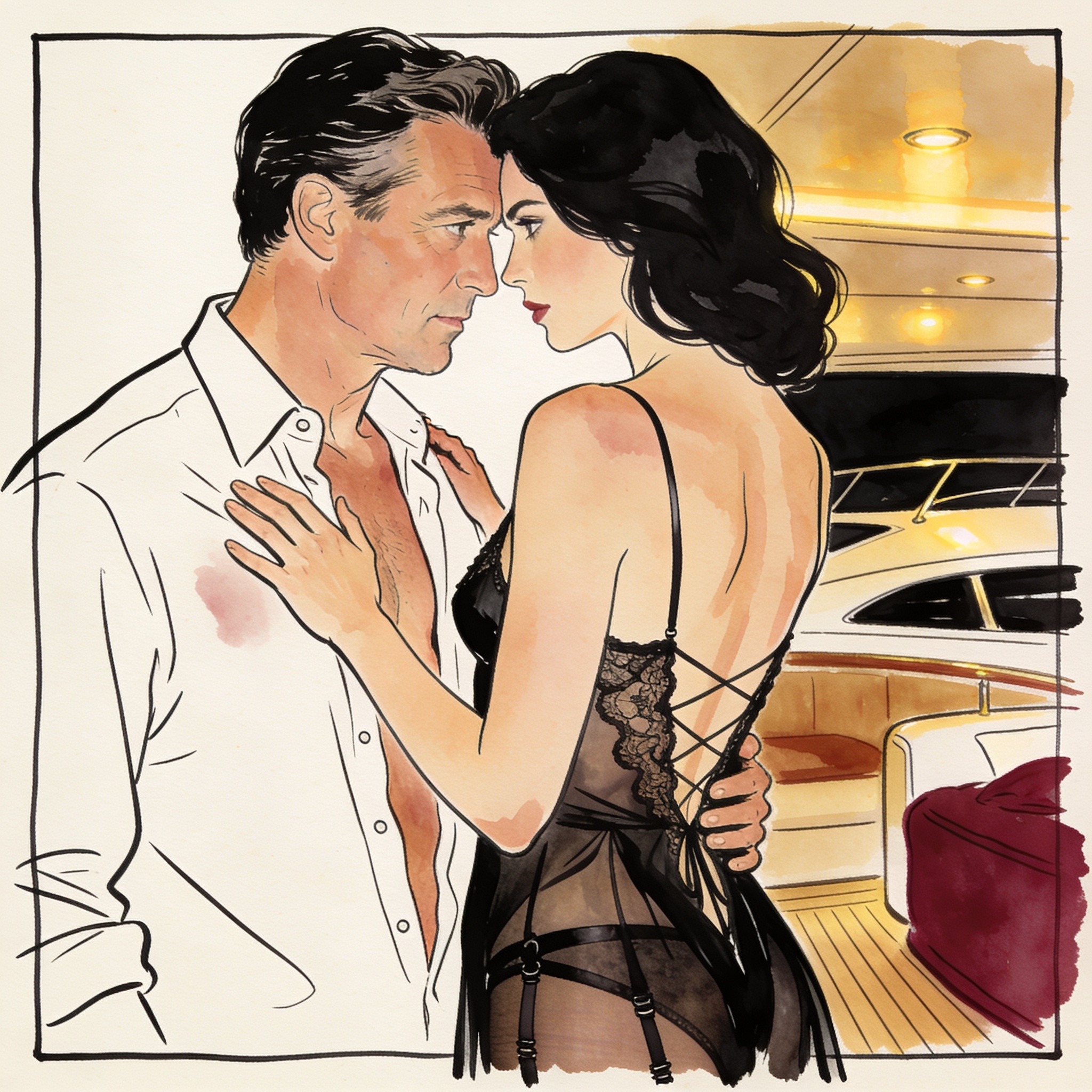A man and woman in modern lingerie stand intimately close, foreheads touching with inte...