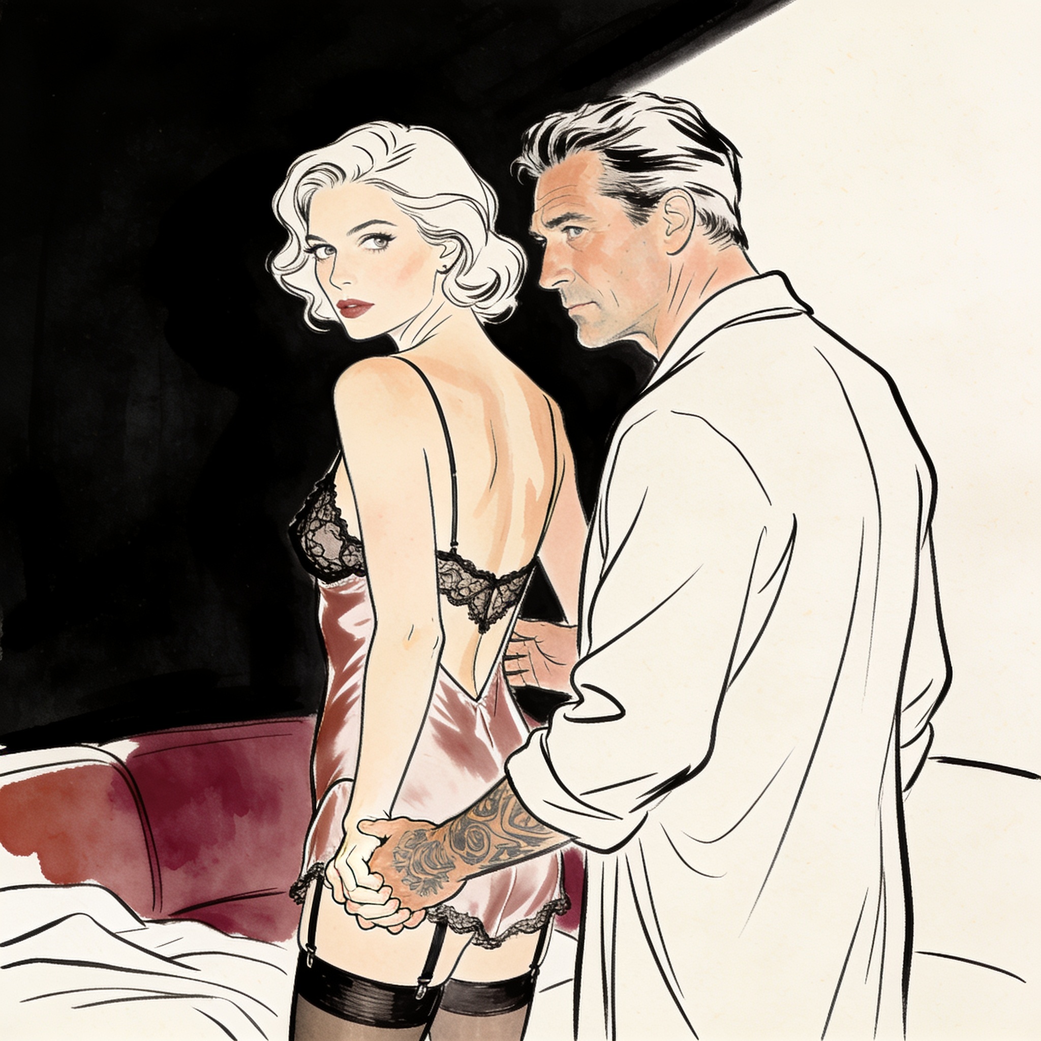 A woman in a slip looks back, her hand held by a tattooed stranger as her husband watches.