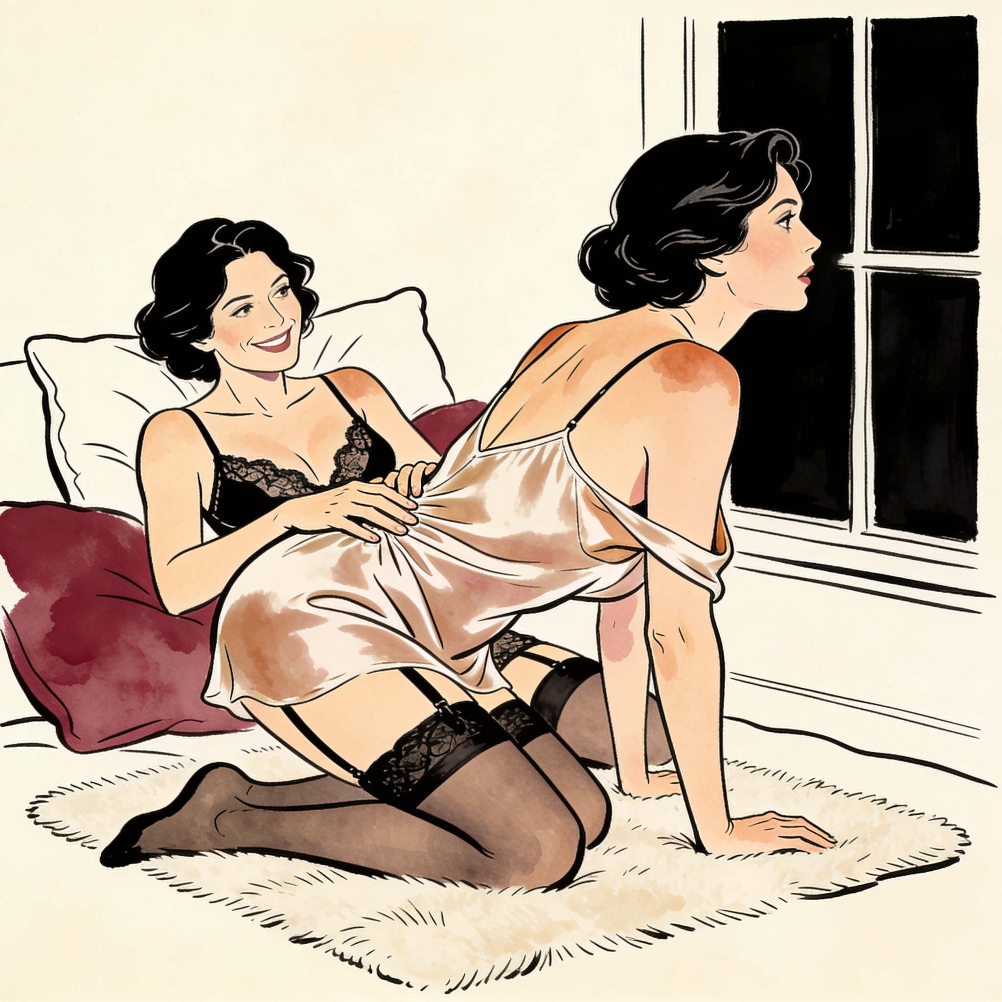 Two women in a dim living room, one confessing a secret as she looks toward a dark window.