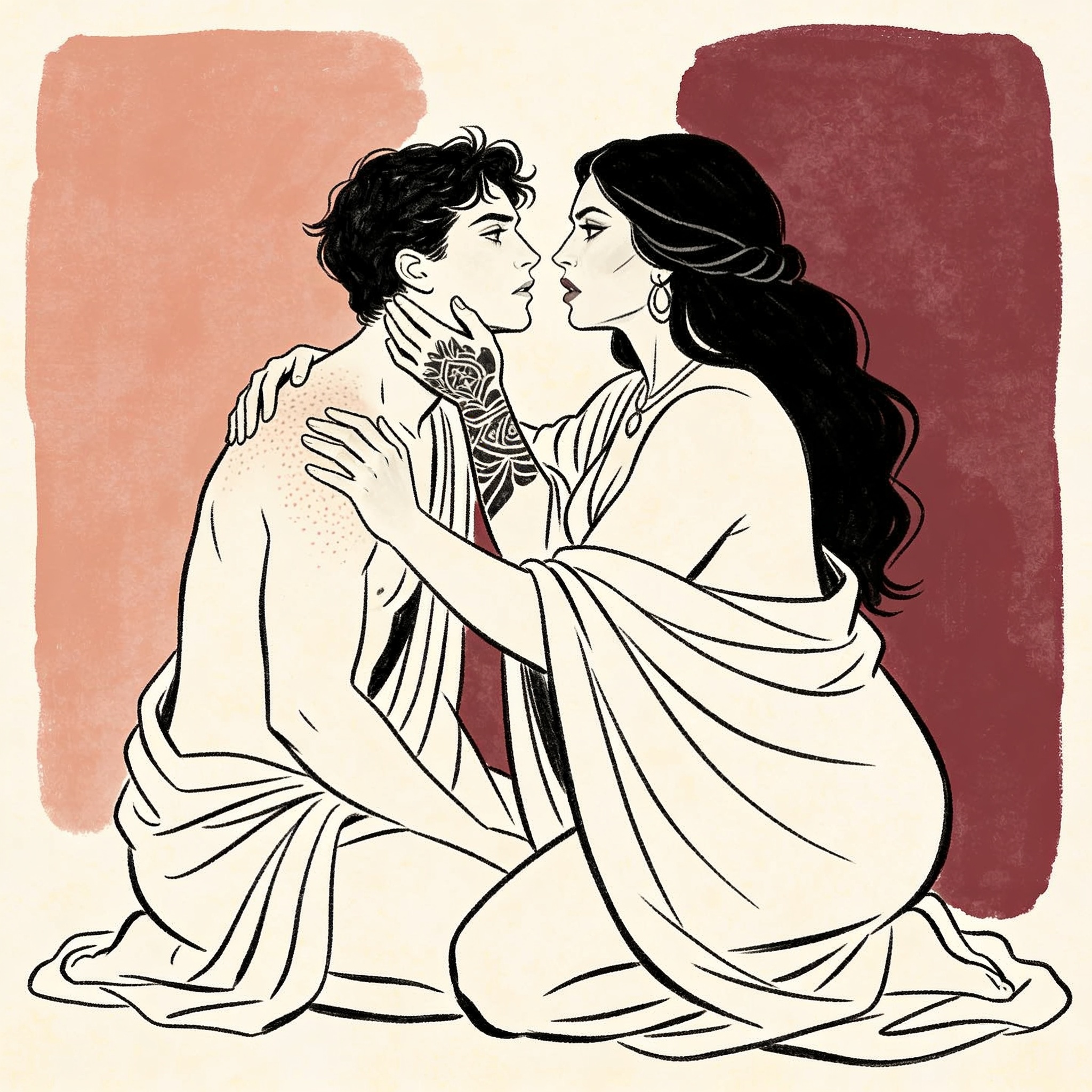 A tattooed warrior kneels over a shivering castaway, tilting her chin up in a commandin...
