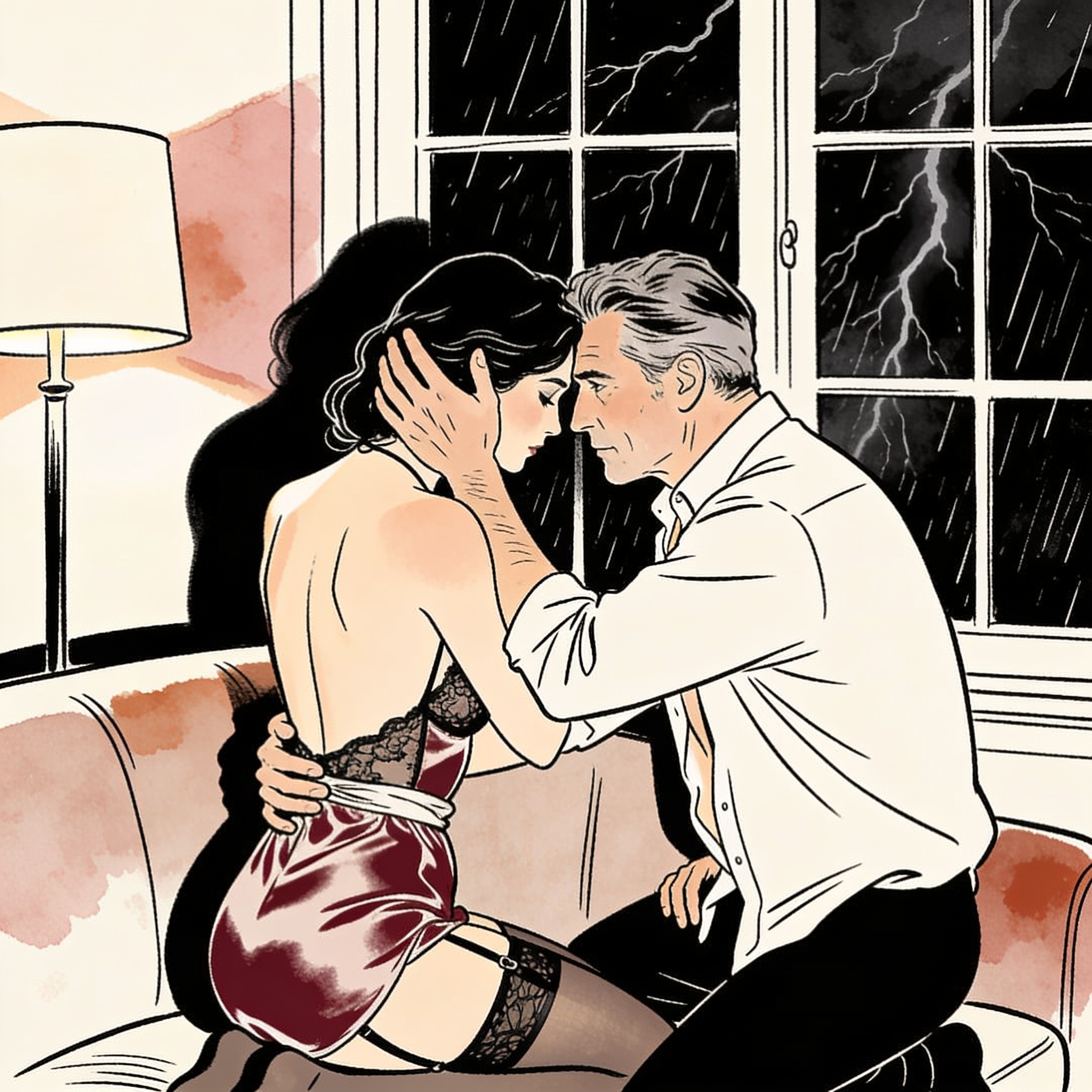 Couple in intimate moment, foreheads touching, her back bare in silk slip, rain on window.