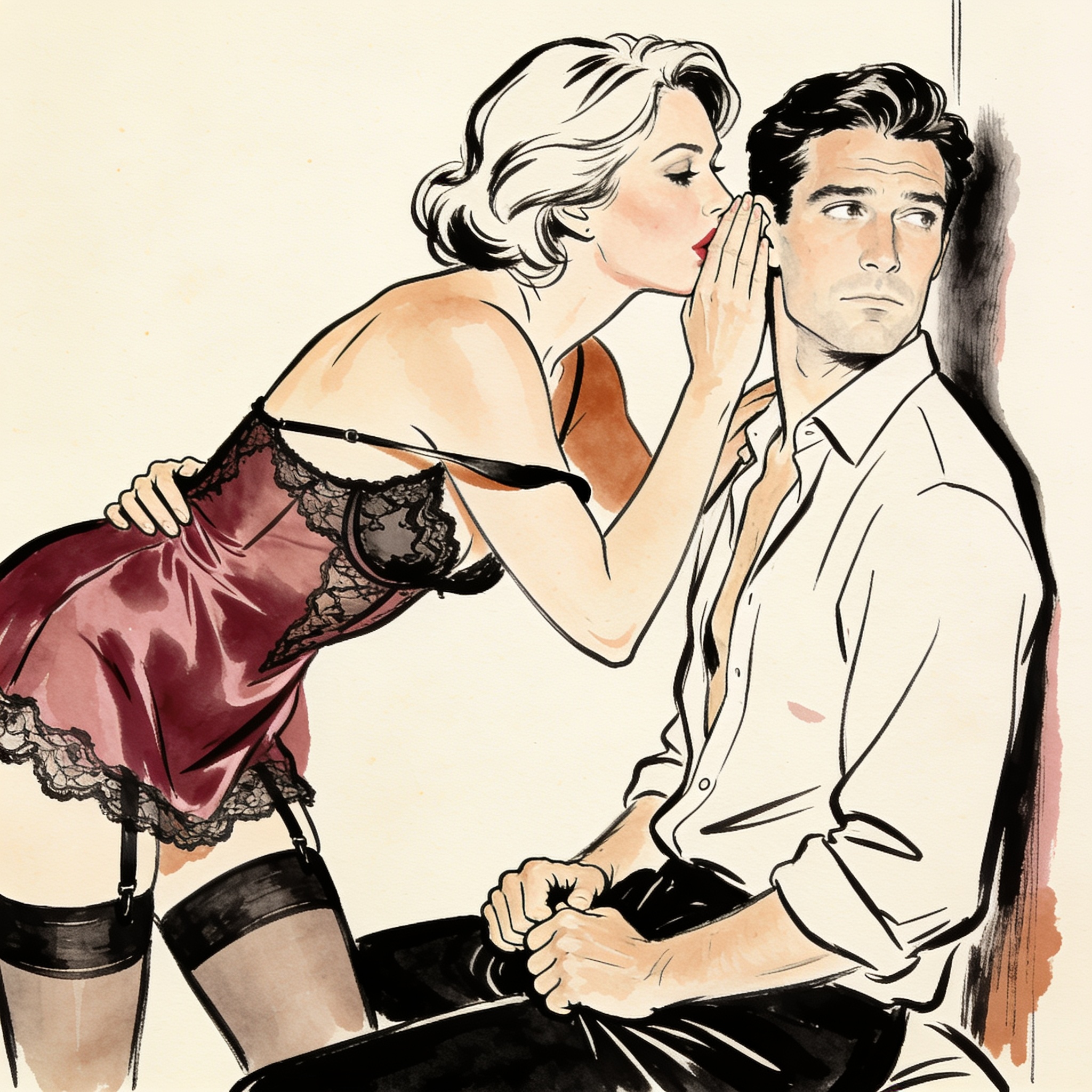 A woman whispers into a man's ear, her face flushed and his hands clenched on his thighs.