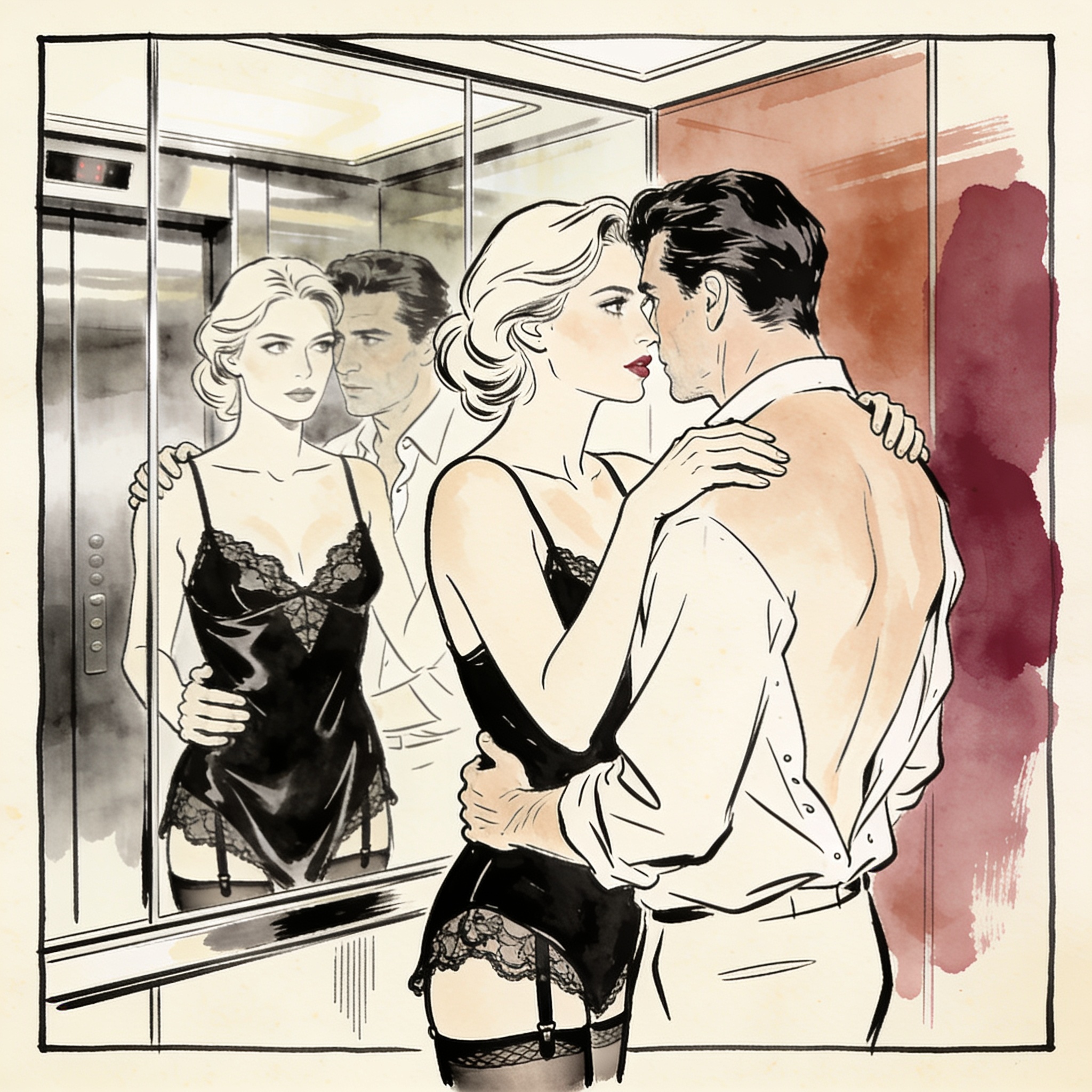 A couple and a stranger share a tense, wordless look in a mirrored elevator.