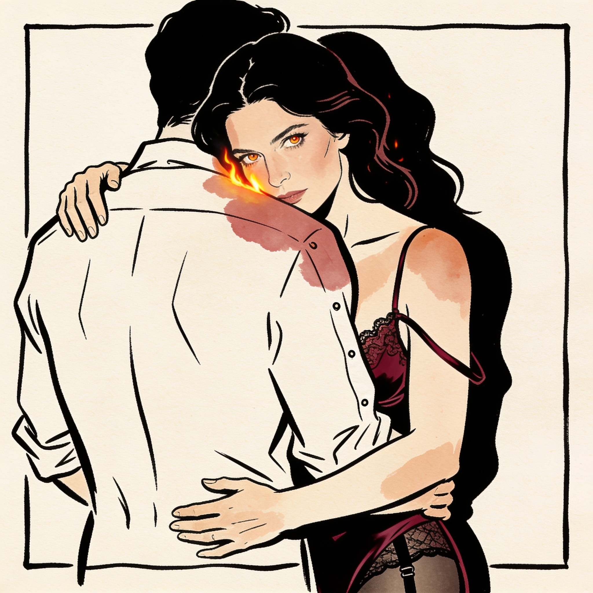 A couple embracing by a campfire, her arms around his waist from behind, cheek on his s...