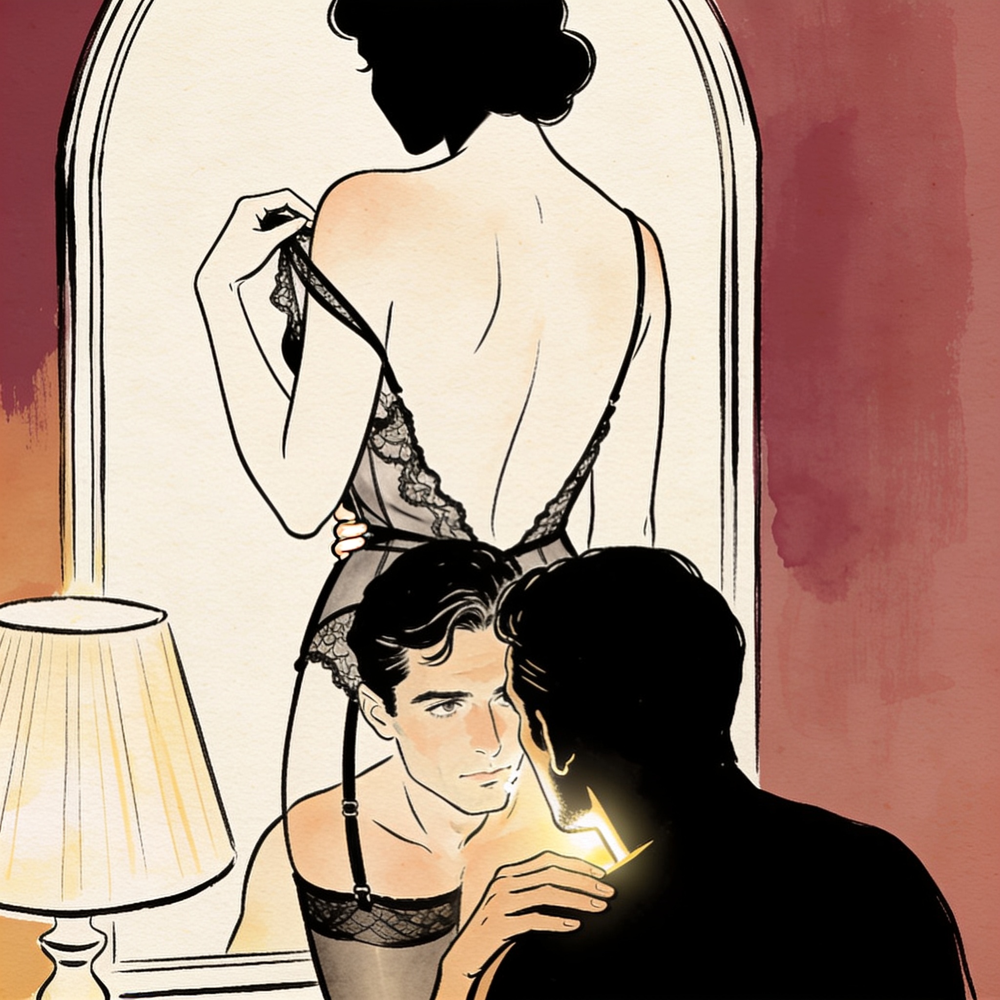 A woman in a sheer negligee faces a mirror as a man kneels, gazing at her reflection.