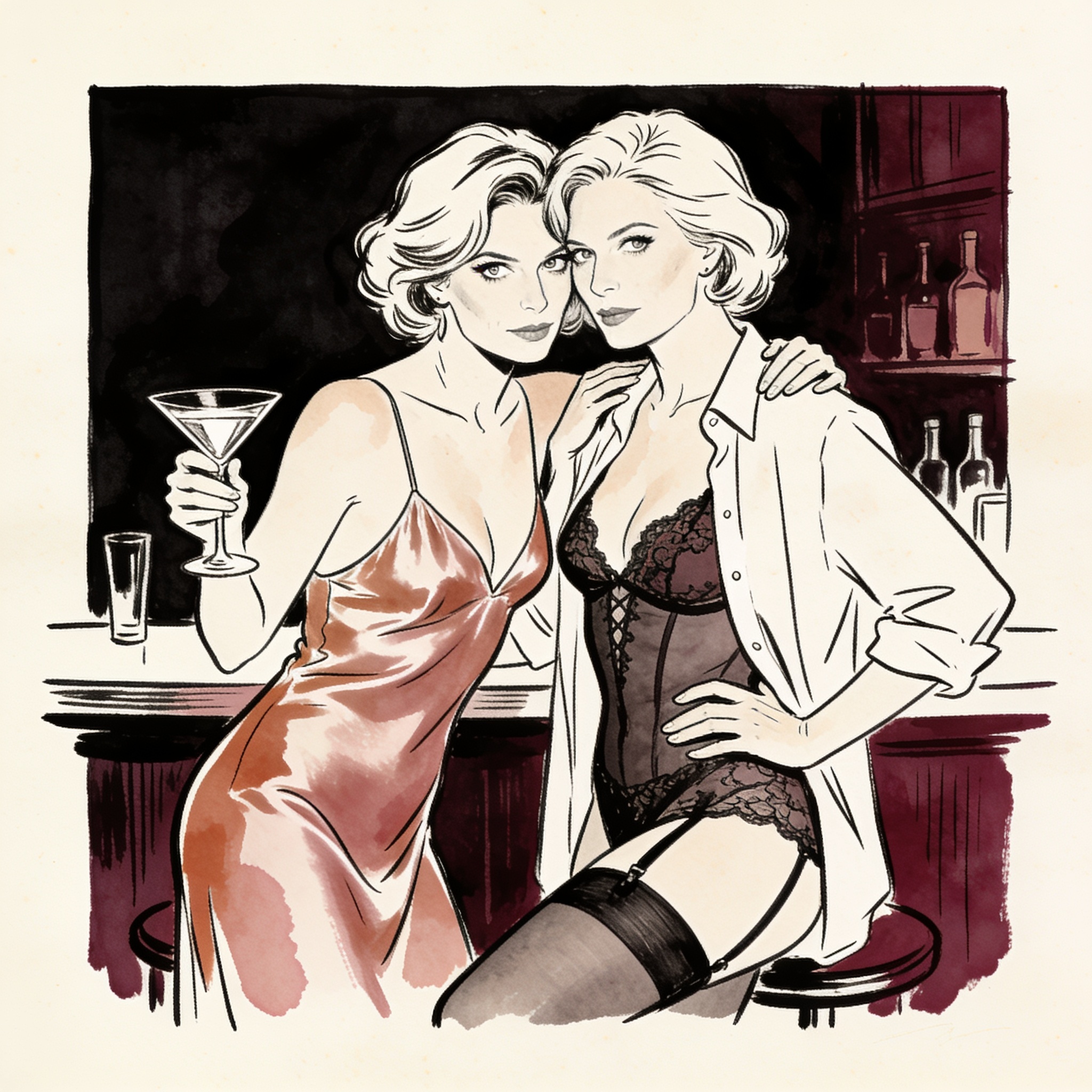 Two women lean close at a bar, sharing a secretive, desiring look.