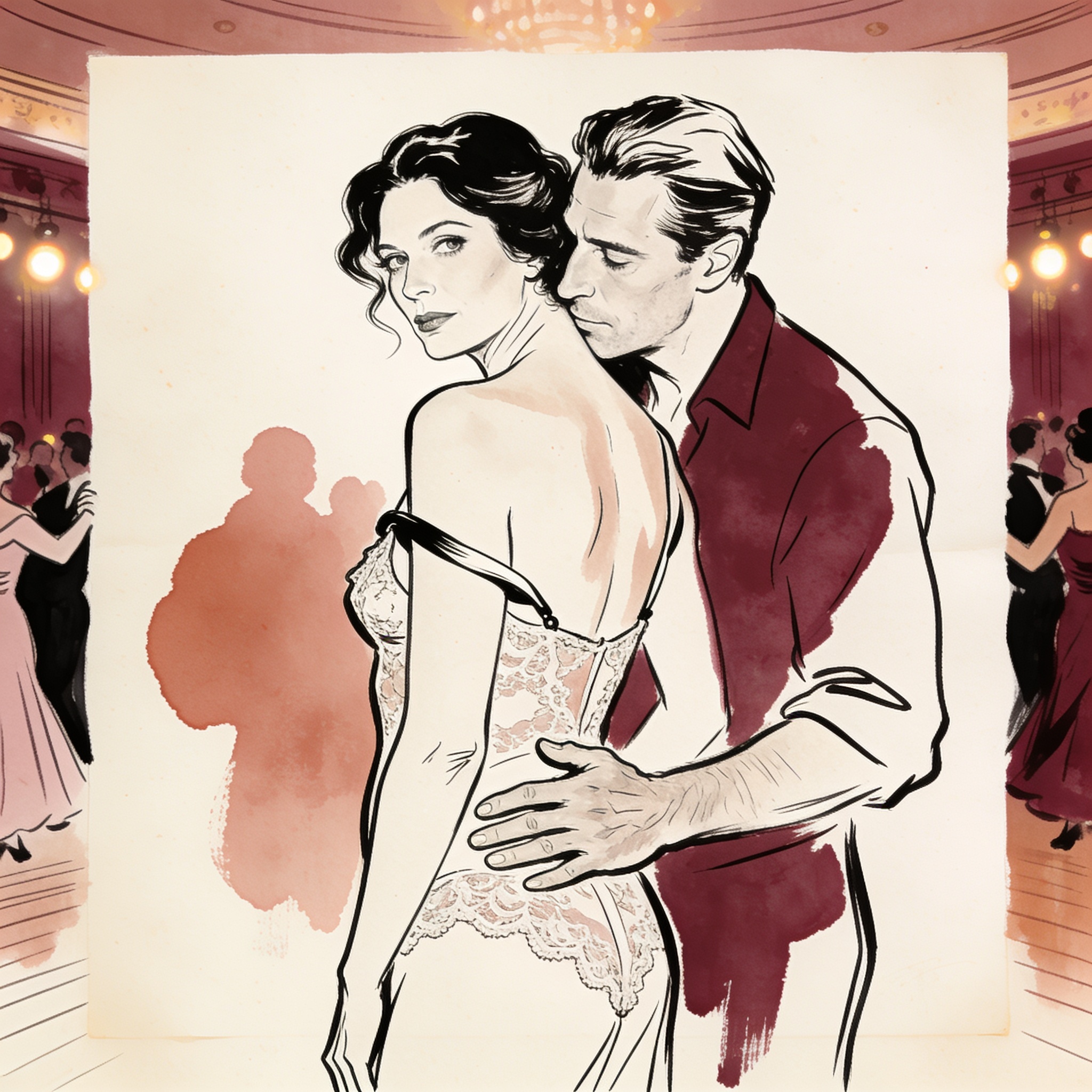 A tense, intimate moment before a dance, with a hand on a woman's hip and close, charge...