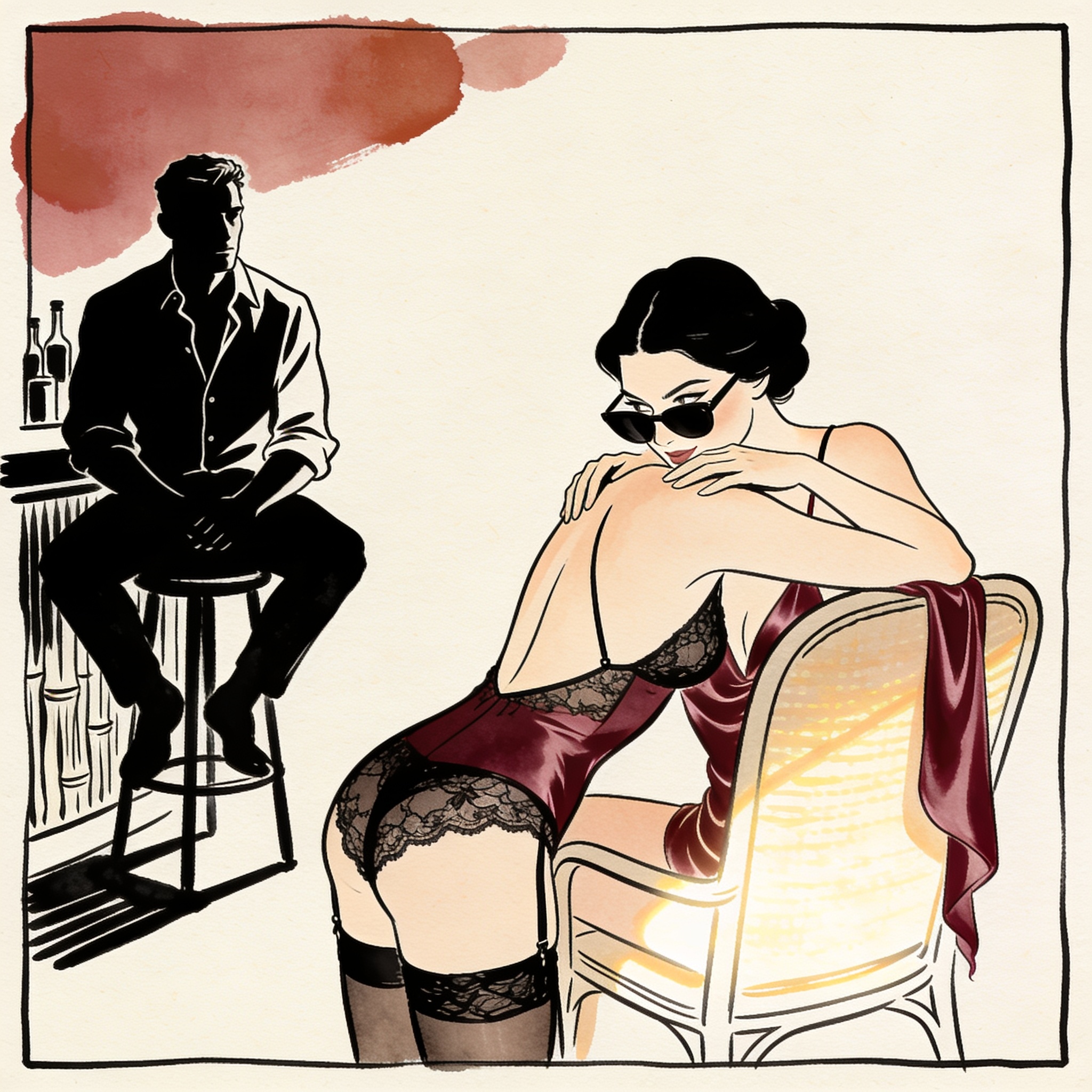 A woman in a slip whispers to another woman at a bar, observed by a man.