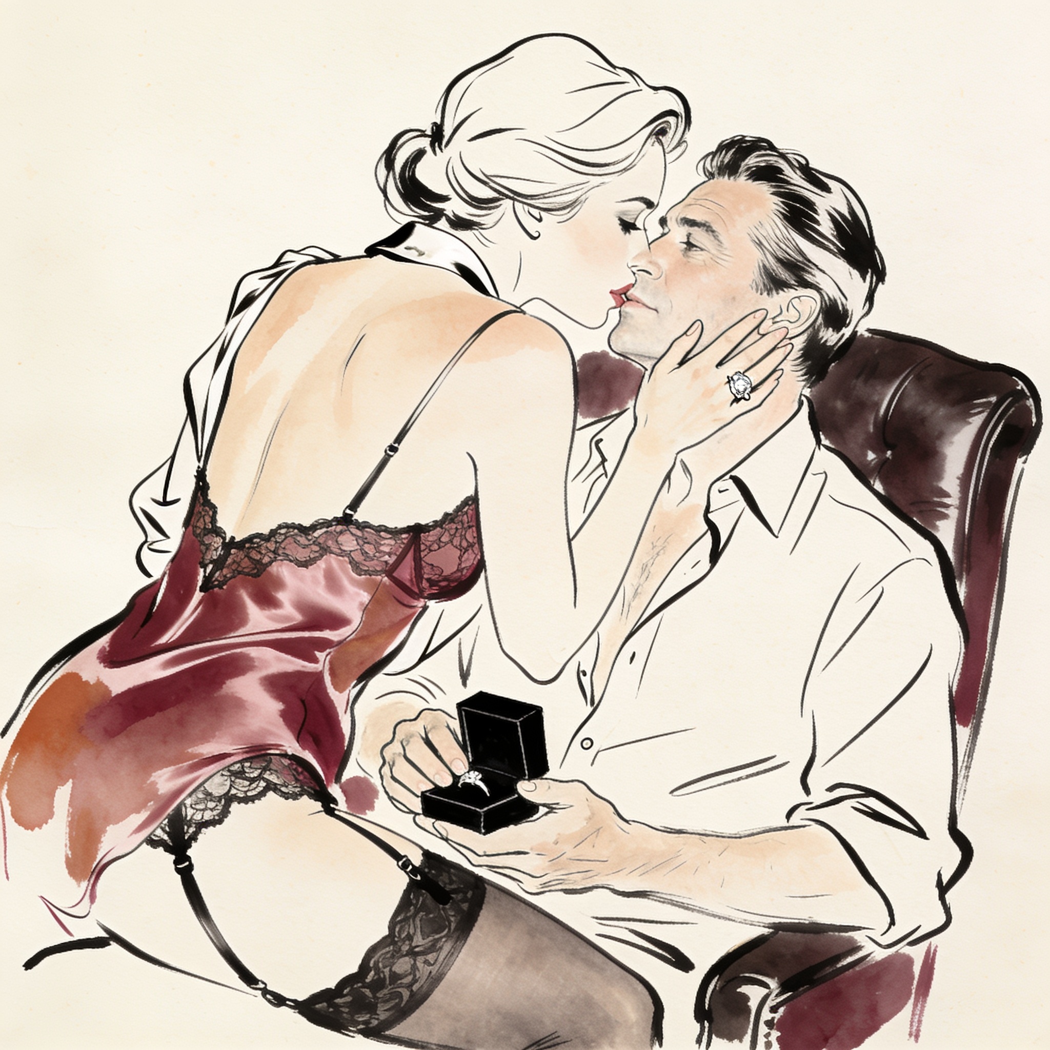 A woman leans over a young man in a chair, her hand covering his on a small box, whispe...