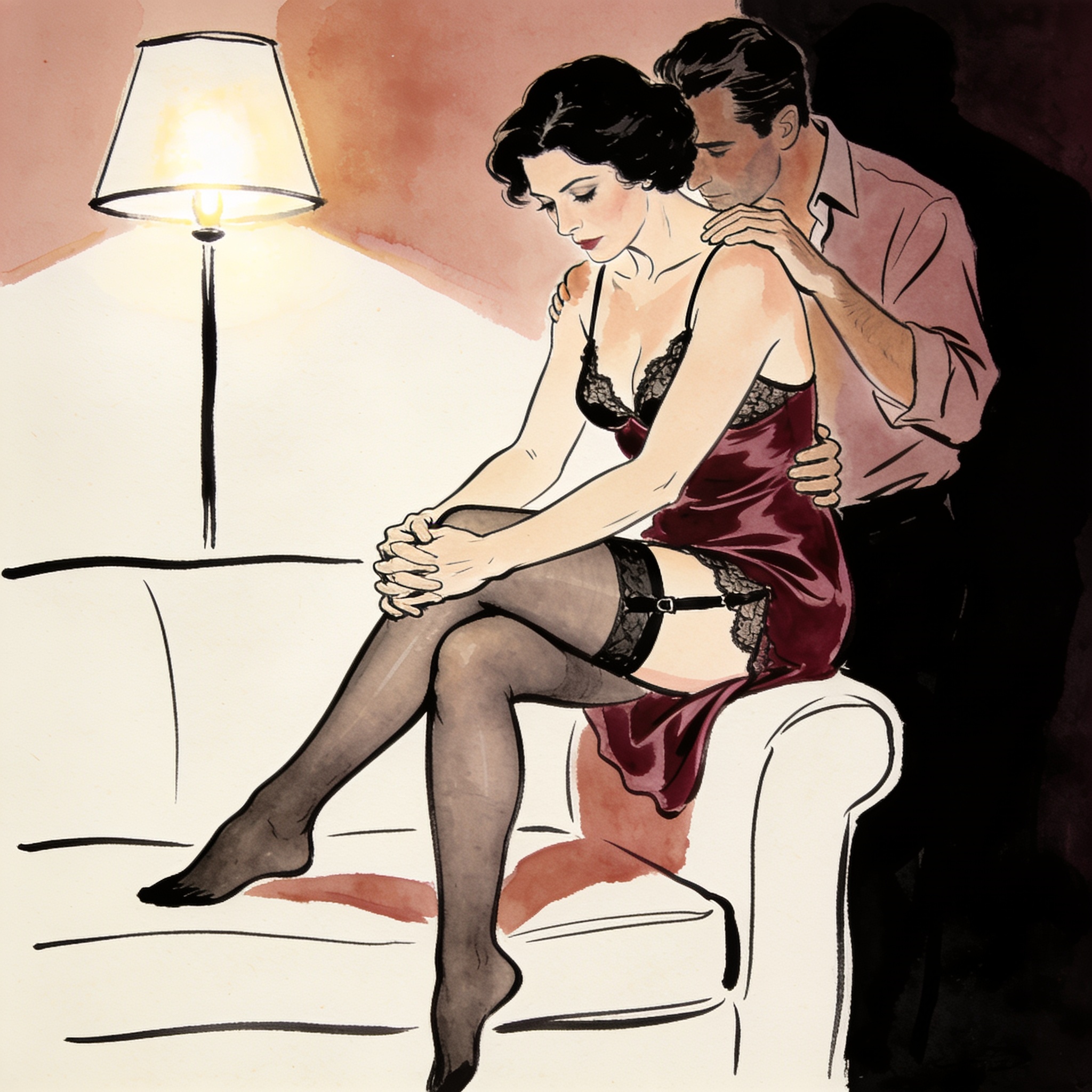 Woman in a silk slip twists her hands nervously as she confesses to her husband seated ...