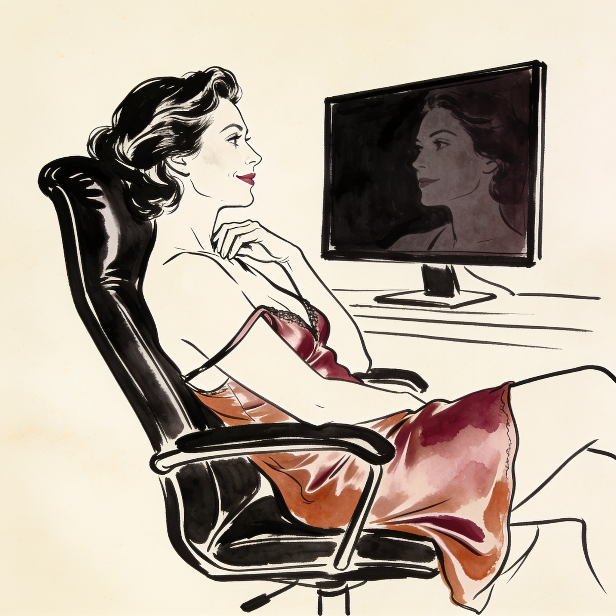 A woman in a silk slip smiles secretly at her reflection in a dark computer monitor.