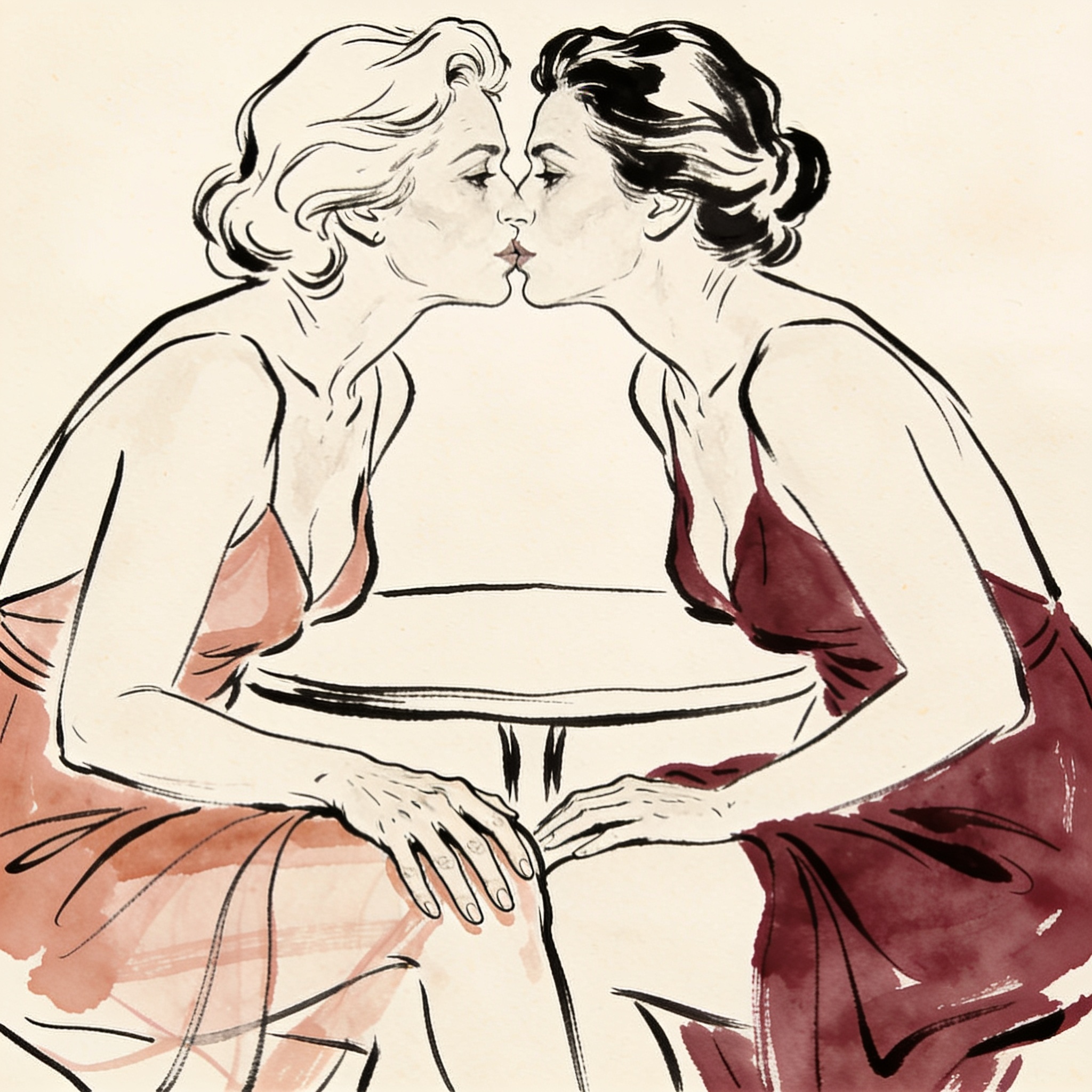 Two women at a cafe table, faces close, one's hand on the other's thigh, sharing an int...