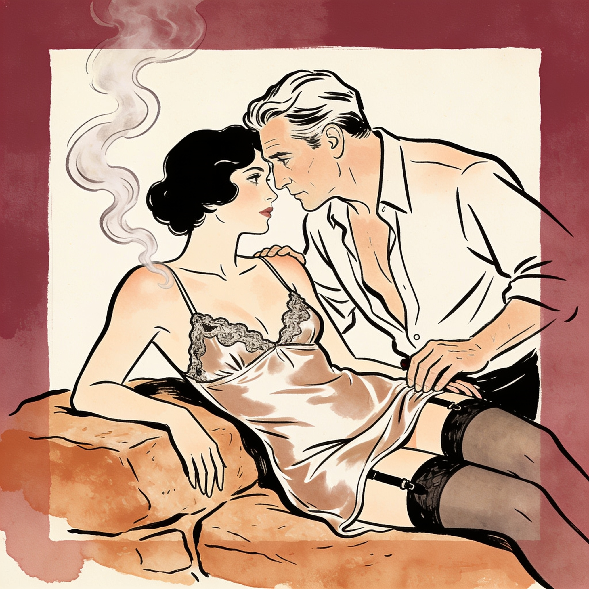 A couple in intimate tension in a steamy hamam, her in a silk slip, his hand near her hip.