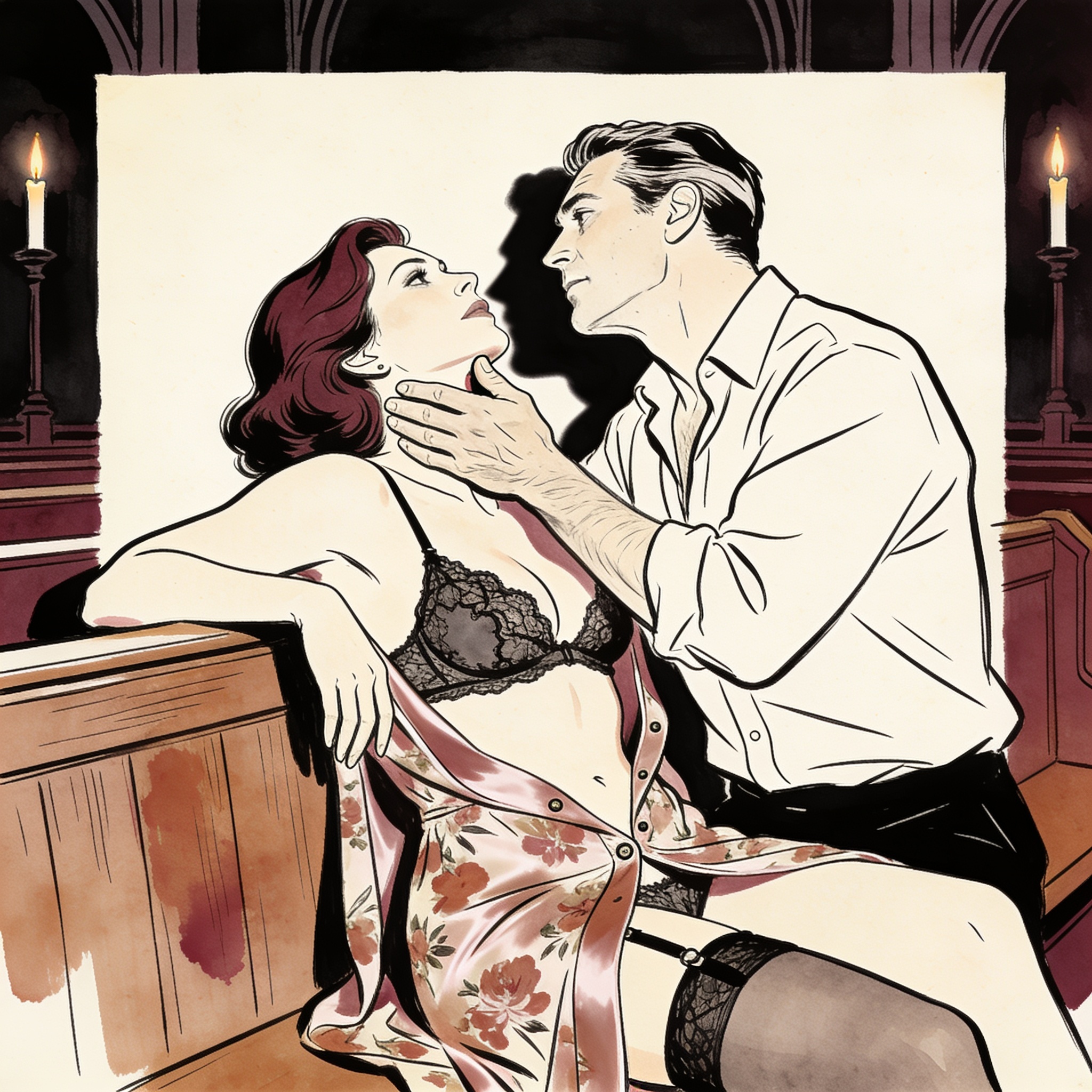 A woman in an unbuttoned dress, gazed at by a priest in a dim church.