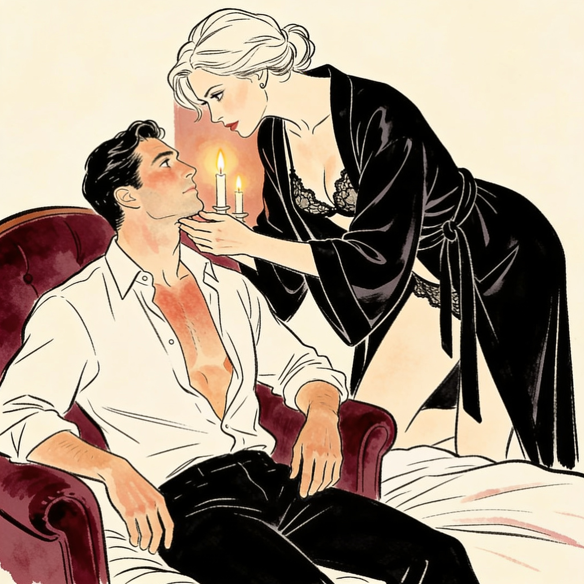 A dominant woman in a silk kimono gazes intently at a flushed man in a dim, candlelit r...