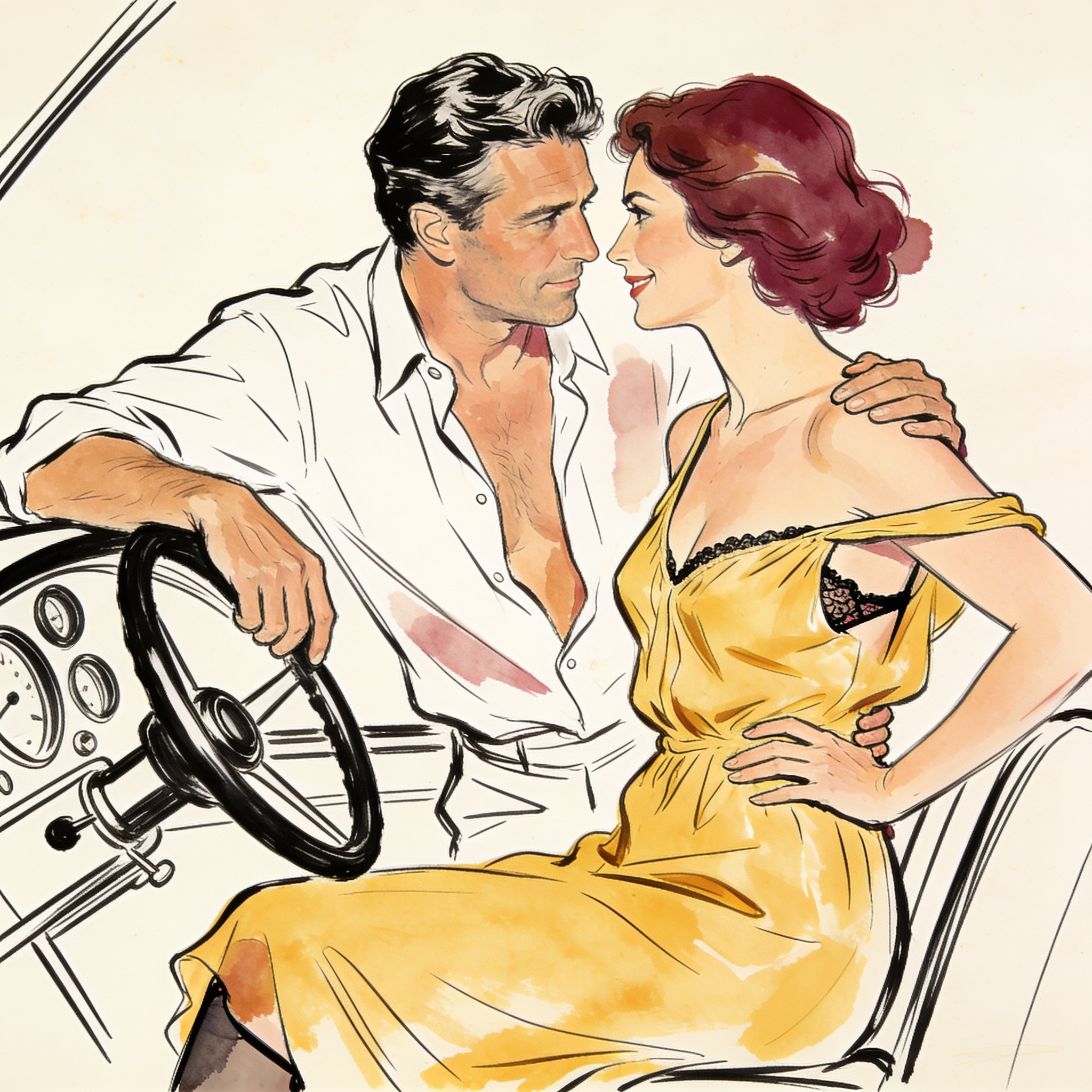 Man and woman exchange a charged gaze on a sailboat, his shirt open, her dress strap sl...