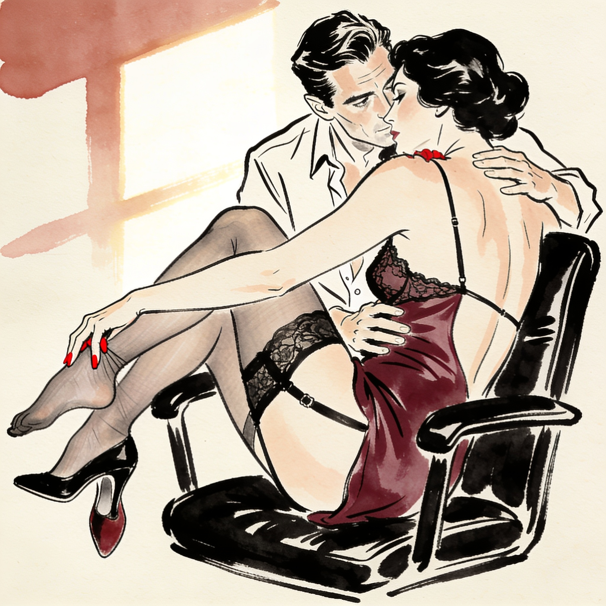 A woman shows a man her stocking-clad leg in an office, a charged moment of desire.