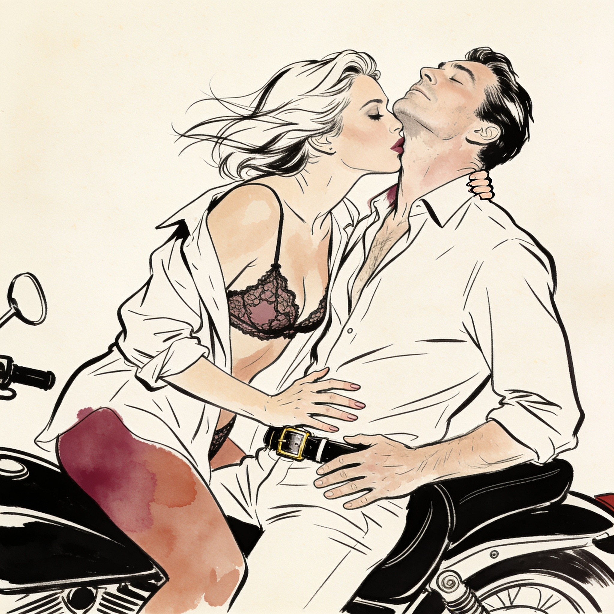 Couple on a motorcycle, her lips near his neck, hand on his belt.