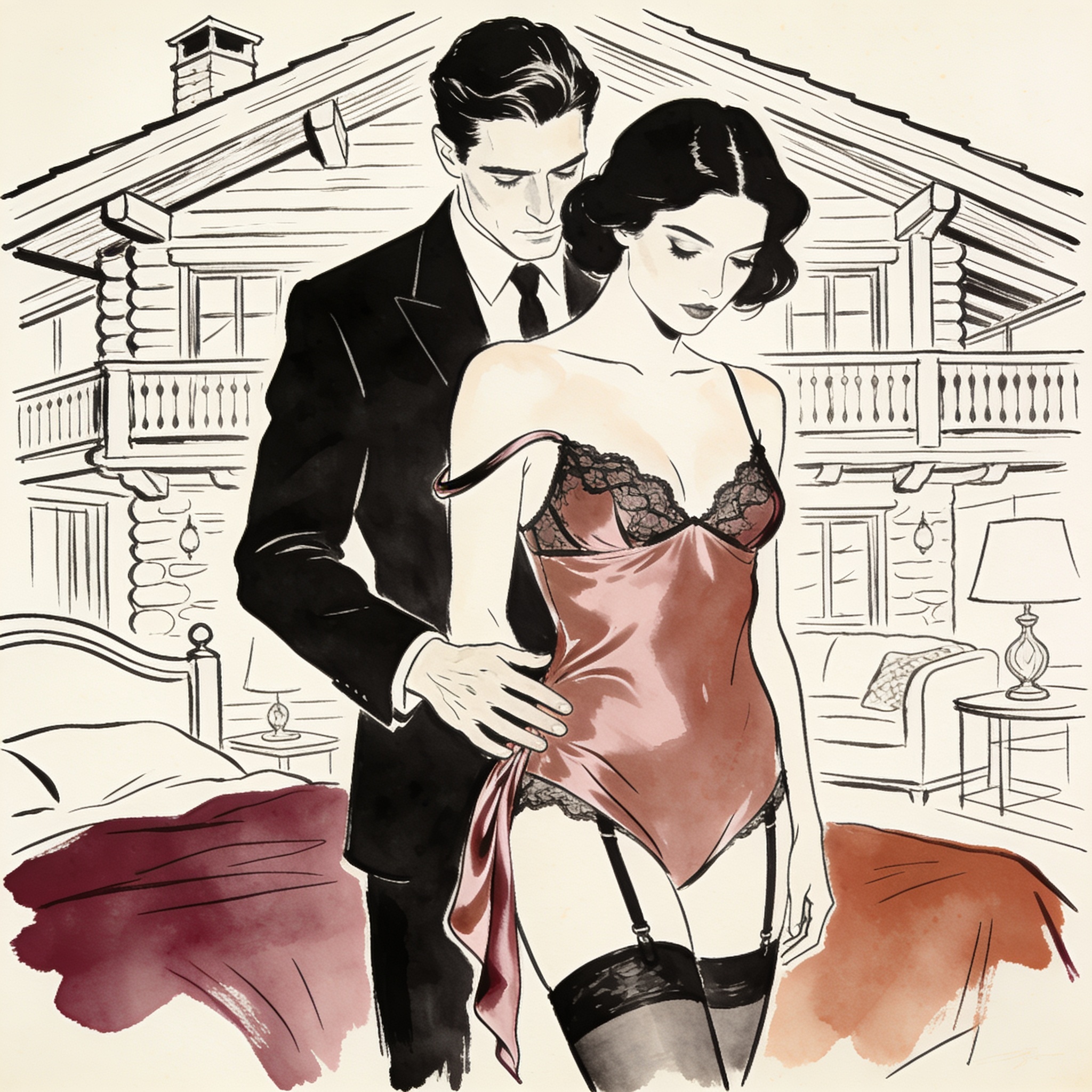 Man's hand hovers near woman's back in a luxurious room.