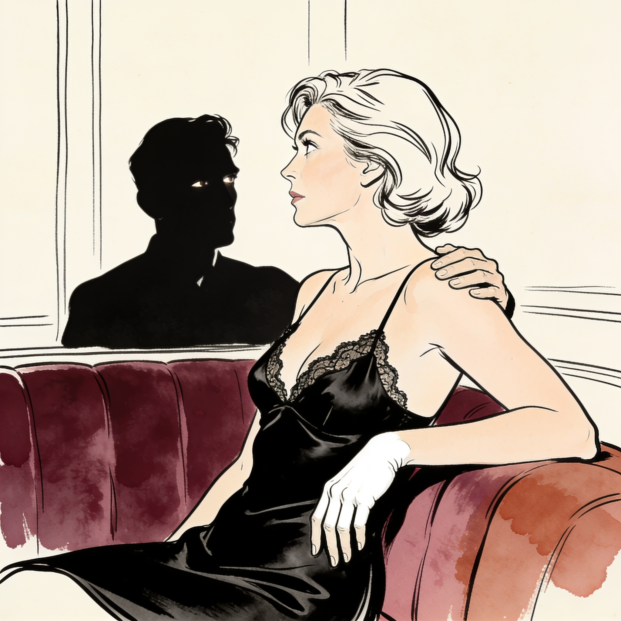 A woman in a black silk slip and lace bra meets a man's intense gaze in a dim club lounge.