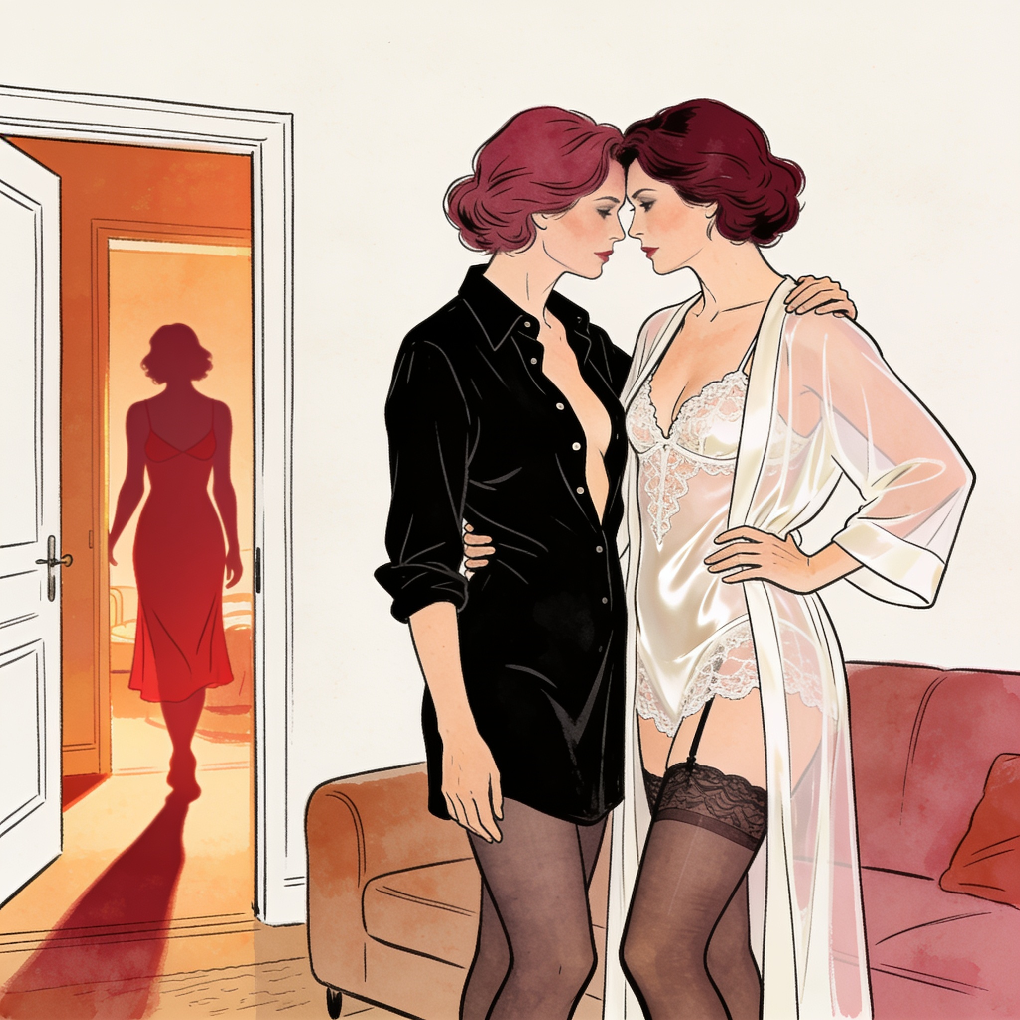 Two women in modern lingerie share an intimate moment as a third arrives in a doorway.