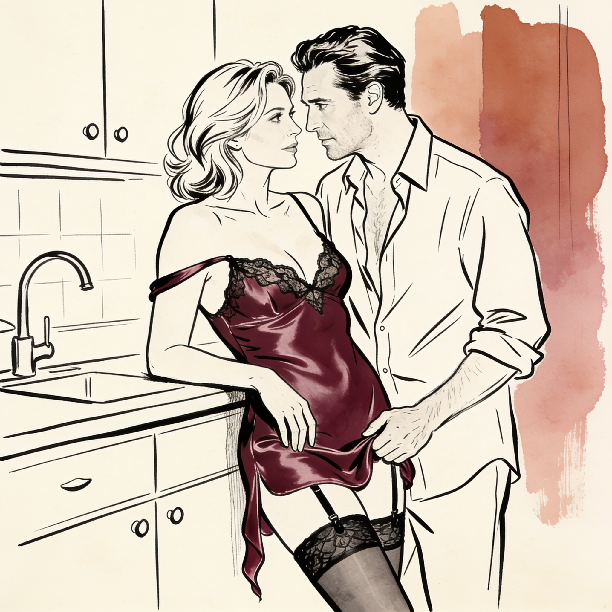 A man's hand rests near a woman's bare shoulder as they share an intense, intimate look.