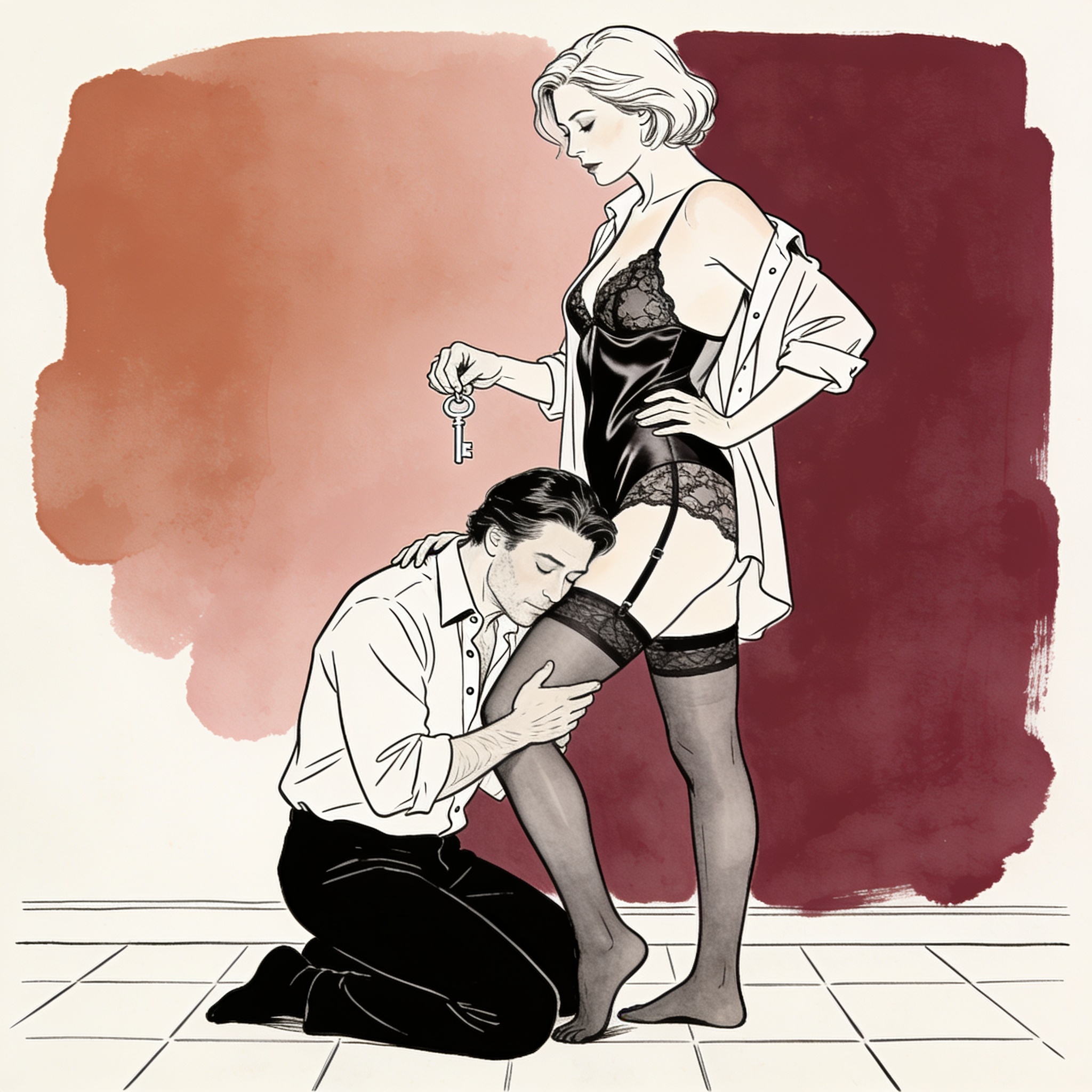 Kneeling man rests forehead against woman's thigh; she holds a key.
