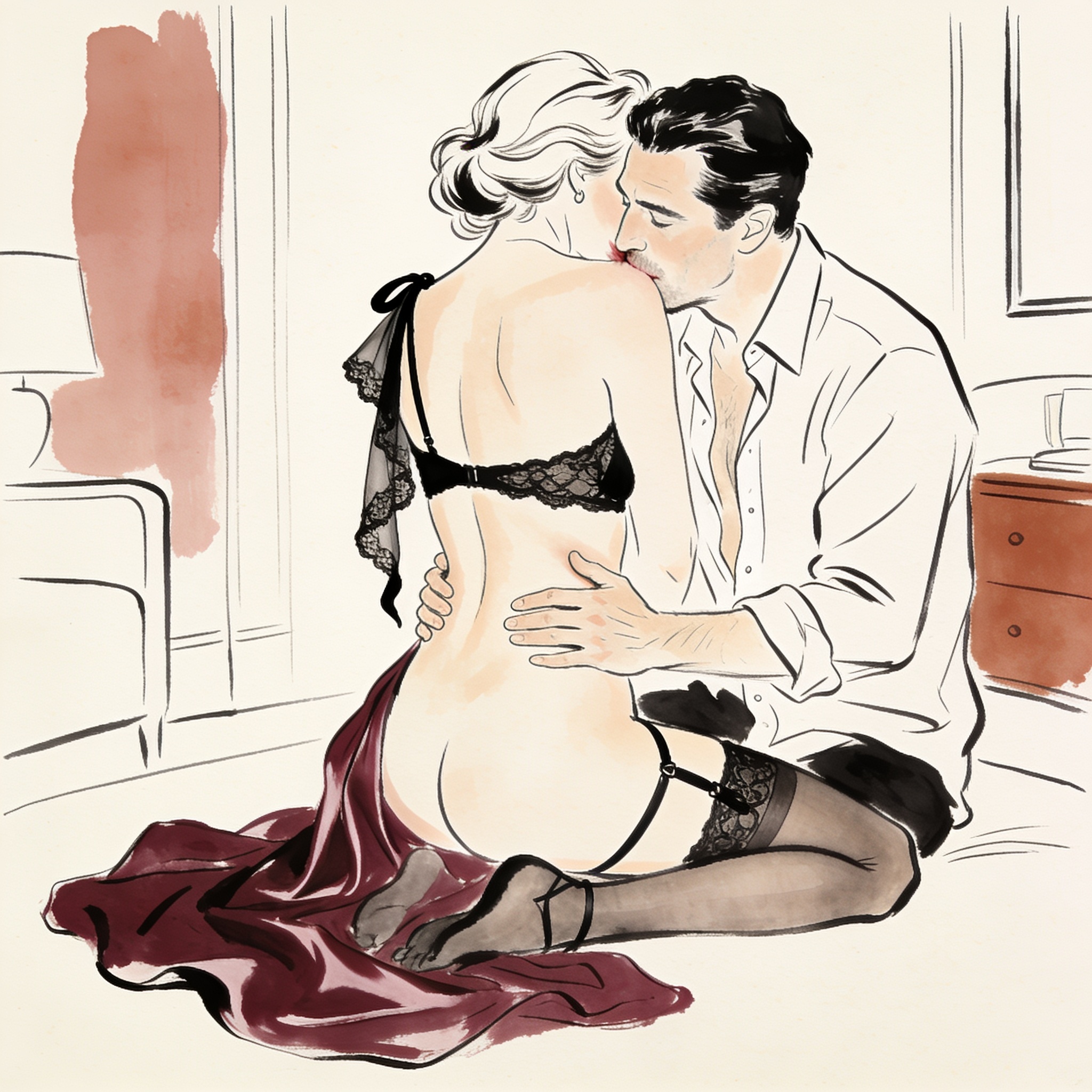 Line art: A man kisses a woman's bare shoulder as her lace lingerie strap slips down.