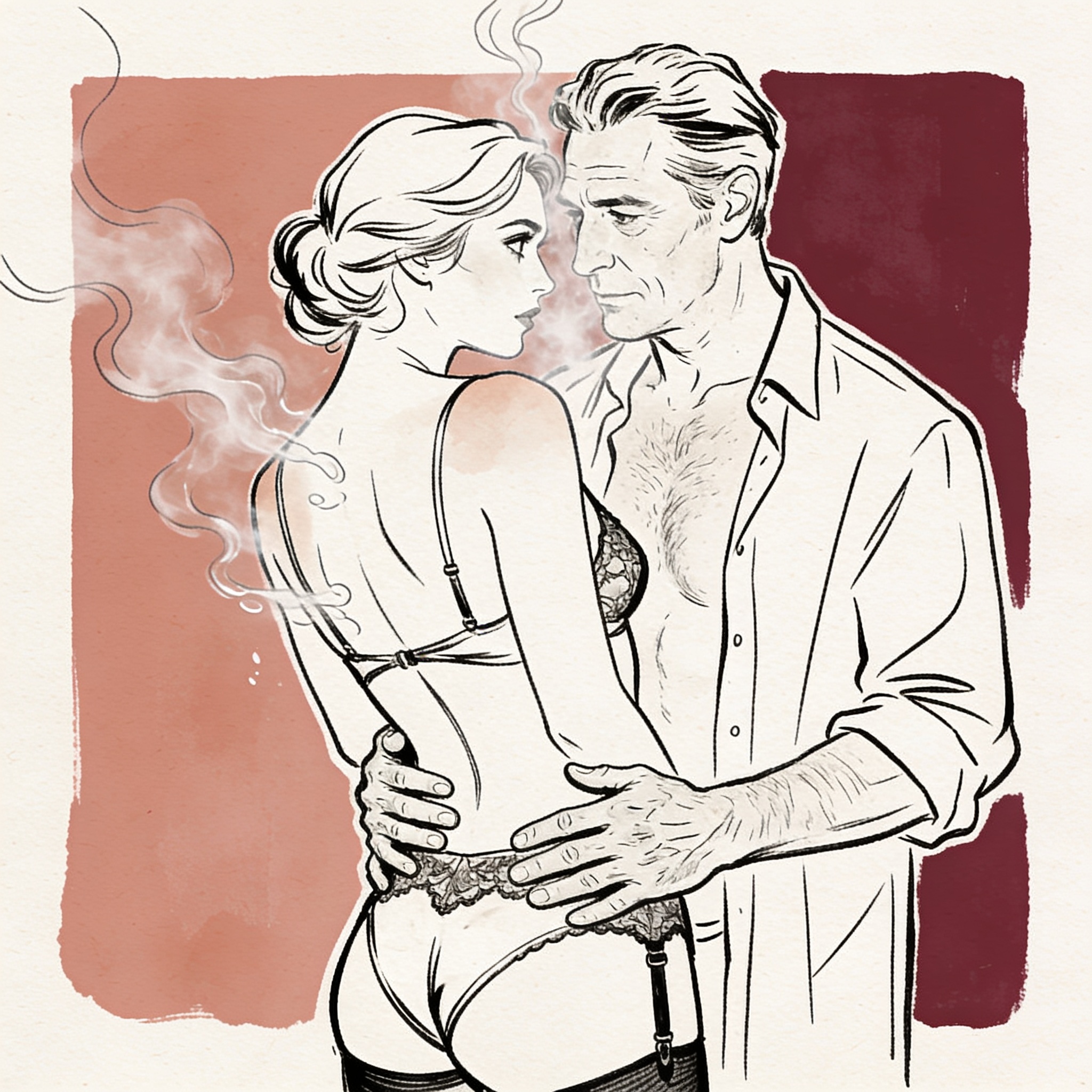 Two figures under a shower, intense gaze, hands on hips.