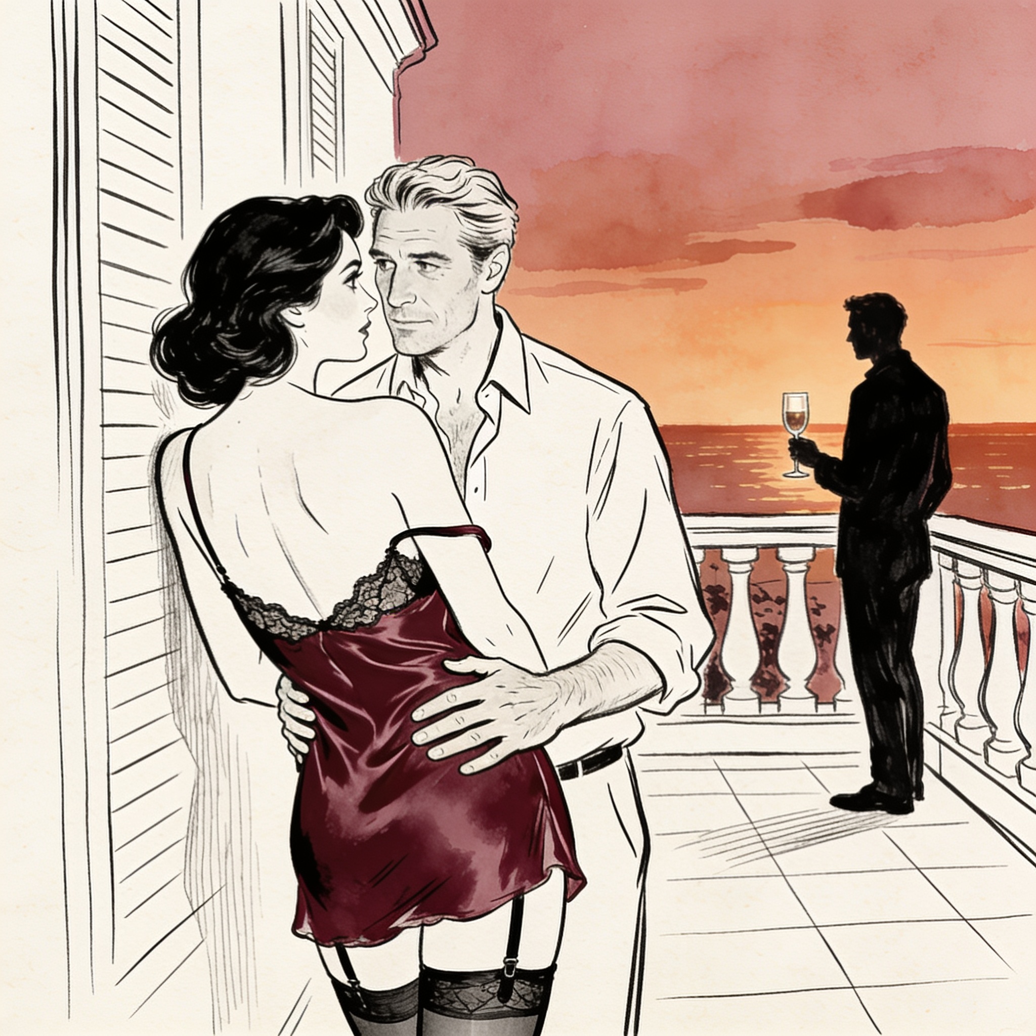 A couple and a stranger share a charged gaze on a sunset terrace.