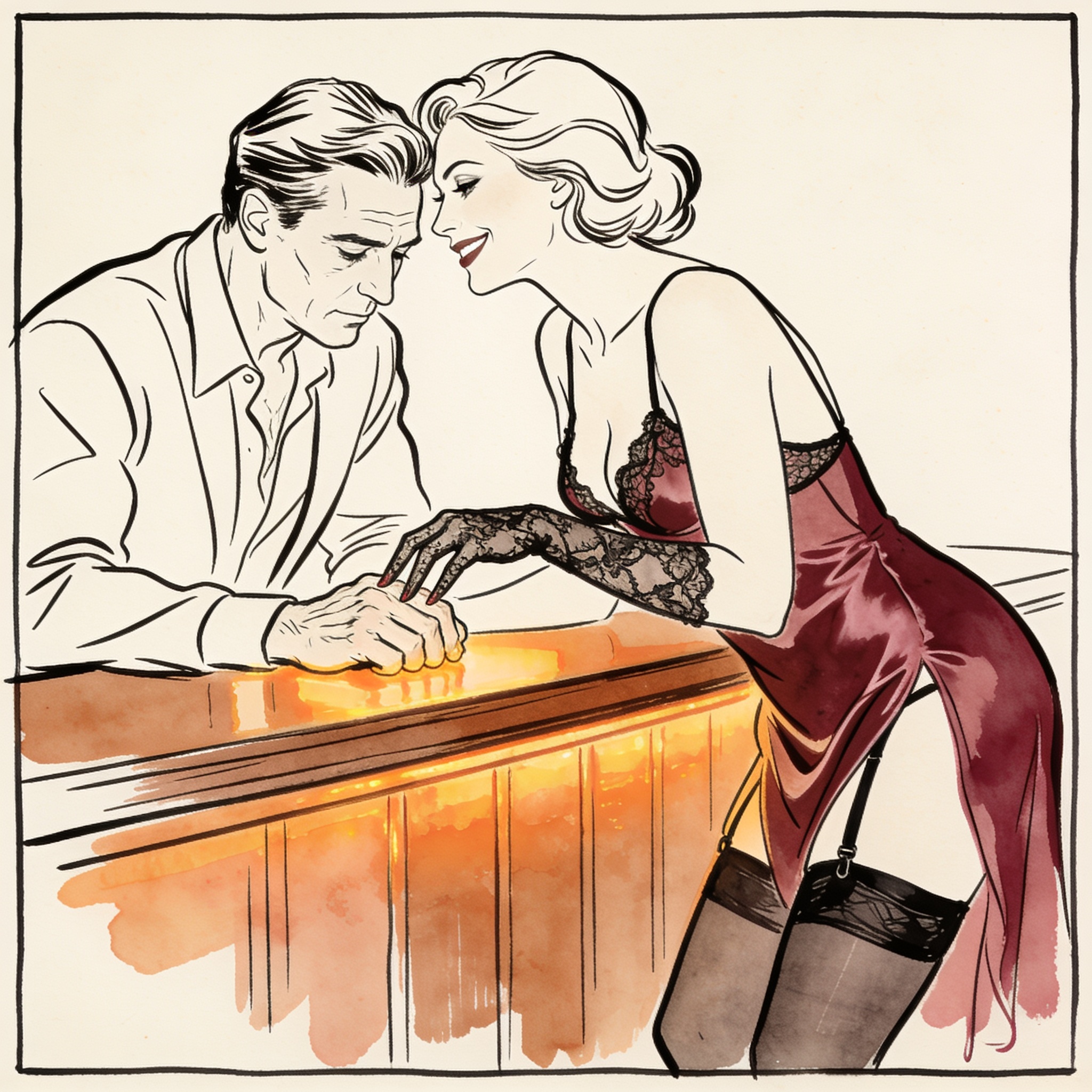 A woman in lace leans close to a tense man at a dim bar, her hand near his.