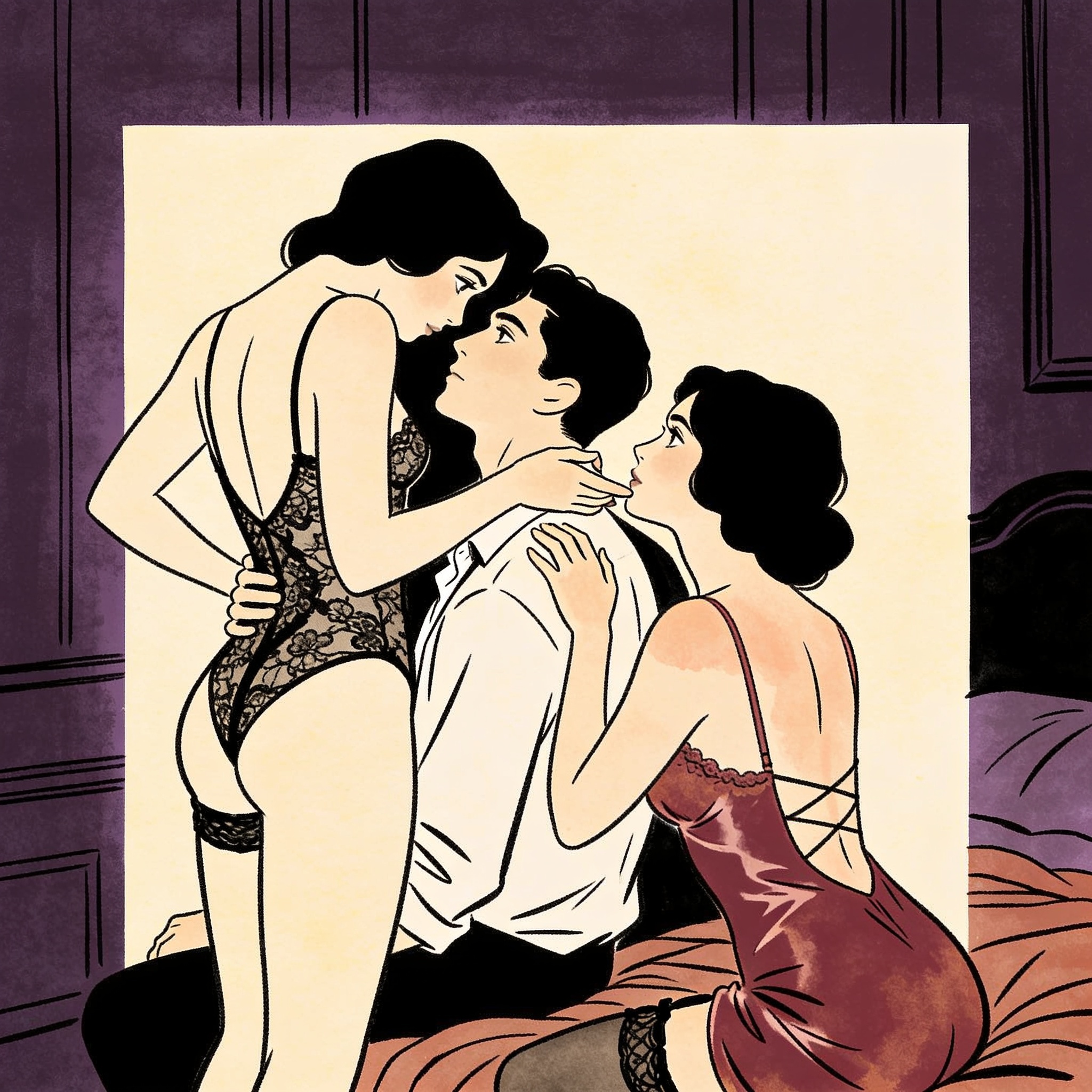 A commanding woman guides another's touch on a man's face.