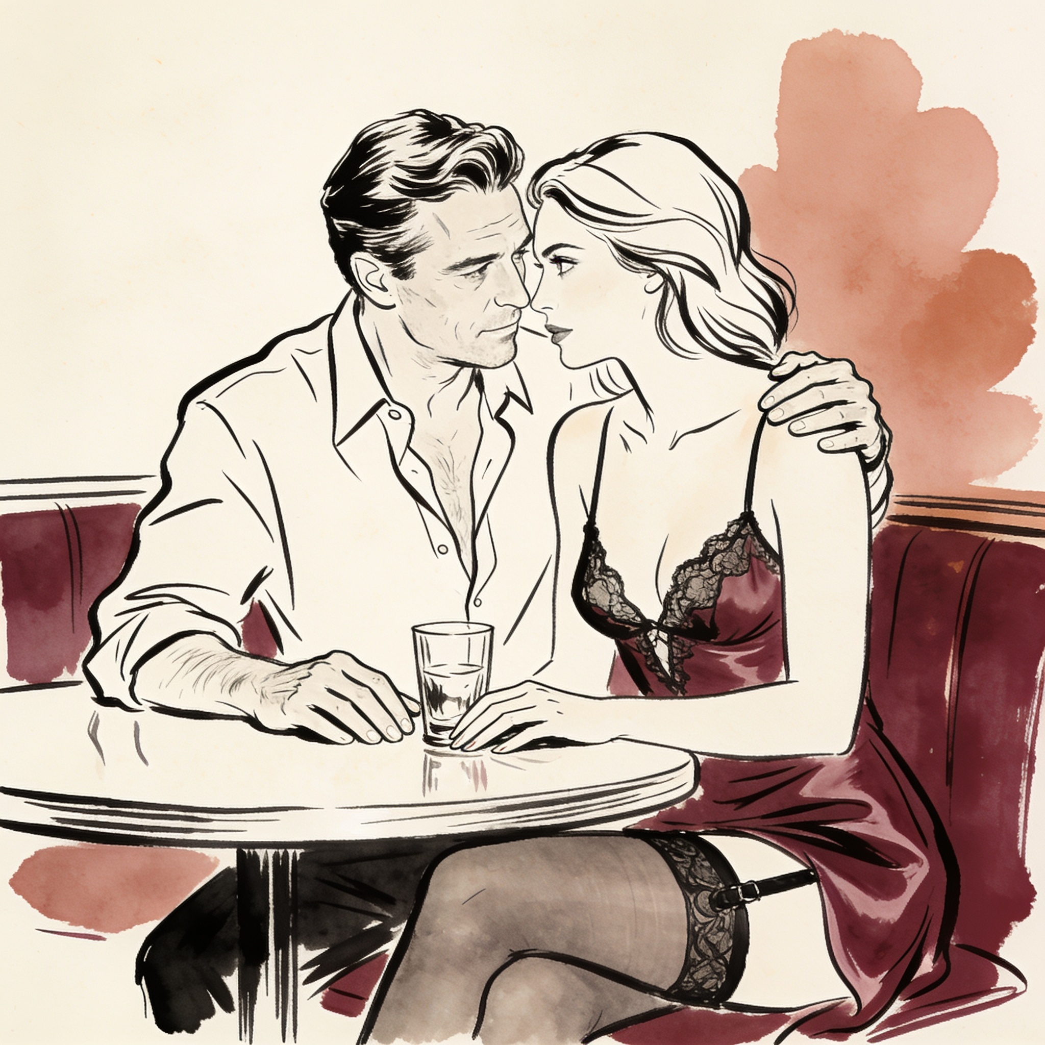 A man touches one woman's shoulder, his hand near another's on a table in a dimly lit bar.