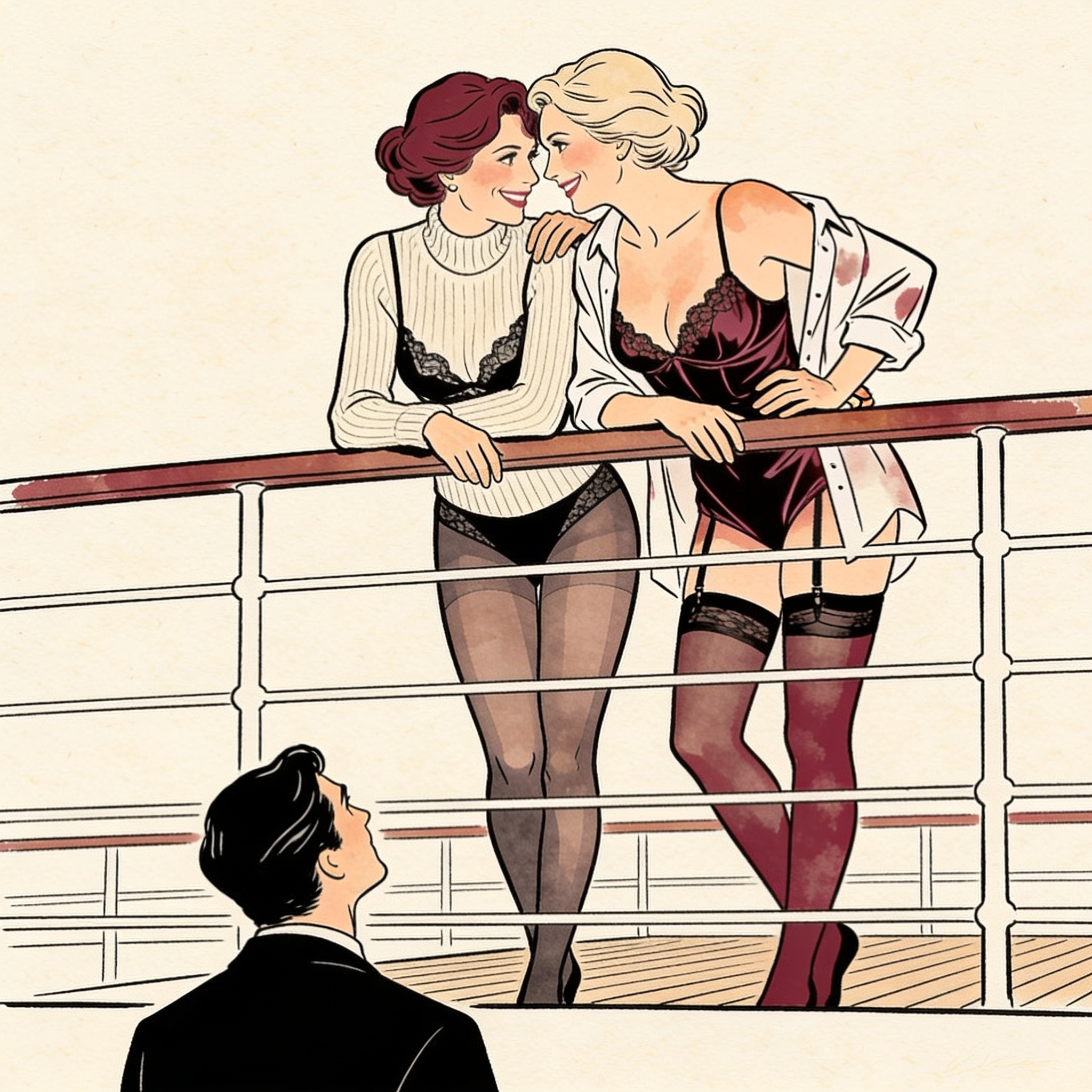 Two women watch a man from a deck with intent, knowing smiles.