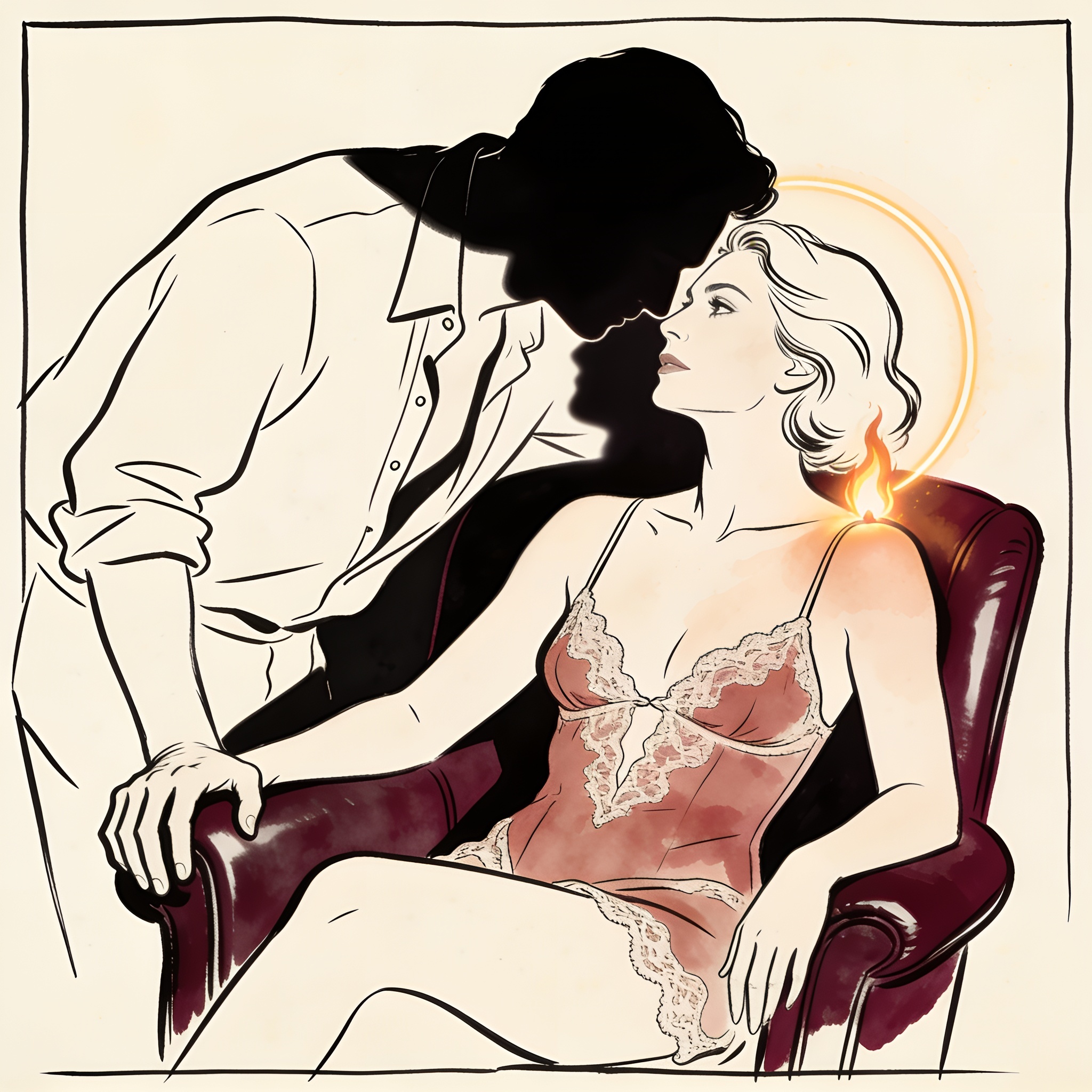 A couple in a firelit chalet, close together in a moment of intense, silent desire.