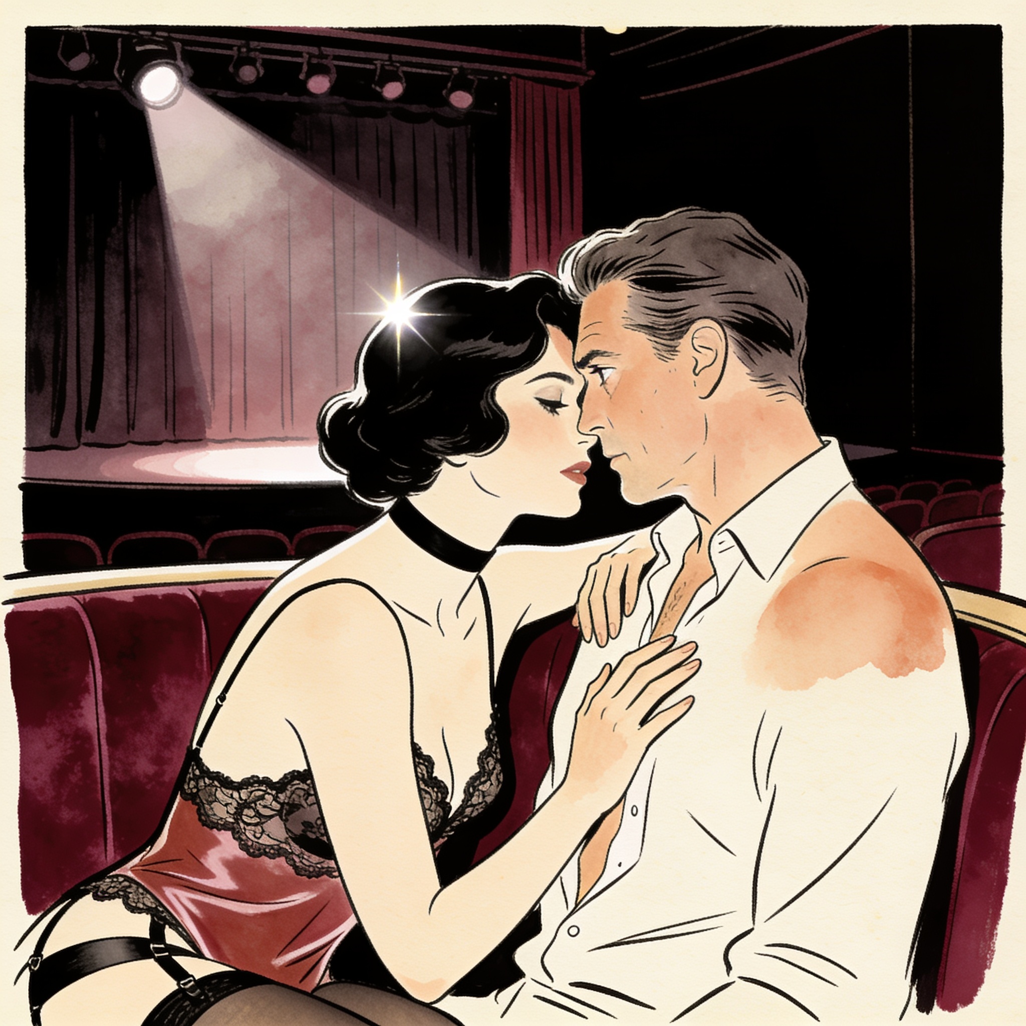 A couple in a booth, her hand on his chest, transfixed by a performer on stage.