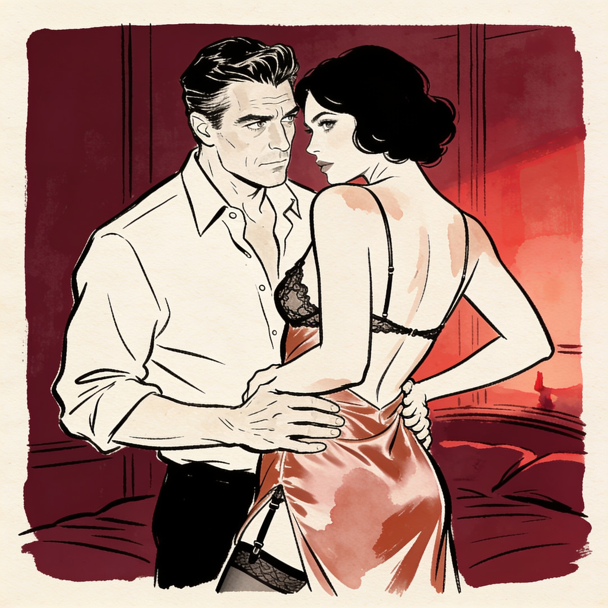Line art: man watches couple; woman in slip leans into partner's possessive grip.