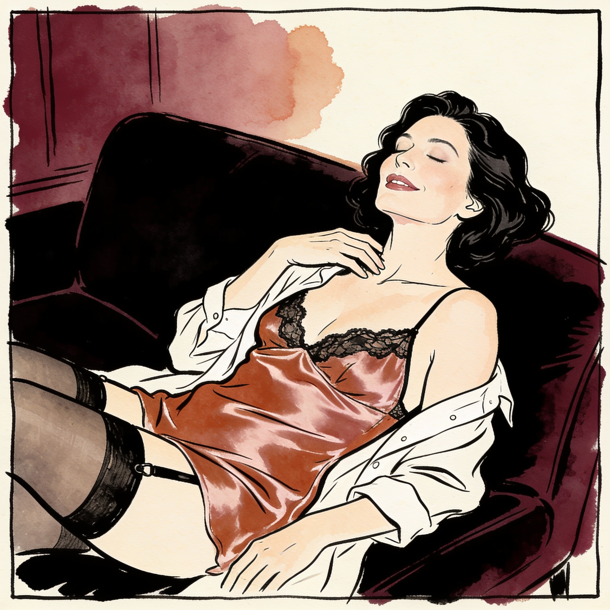 A woman smiling in a dim room, her silk slip strap fallen off her shoulder.