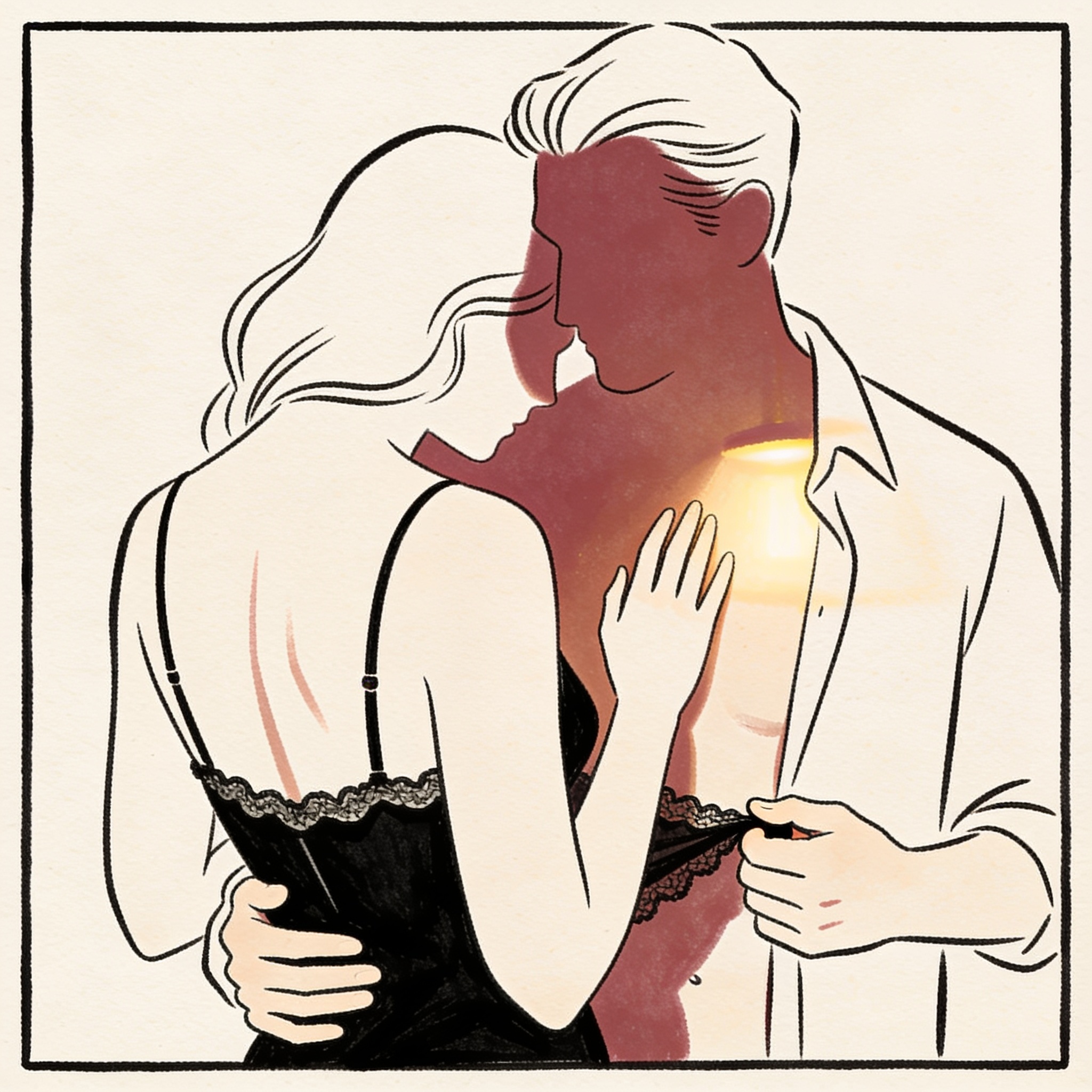 A couple in intimate embrace, foreheads touching in a softly lit room.