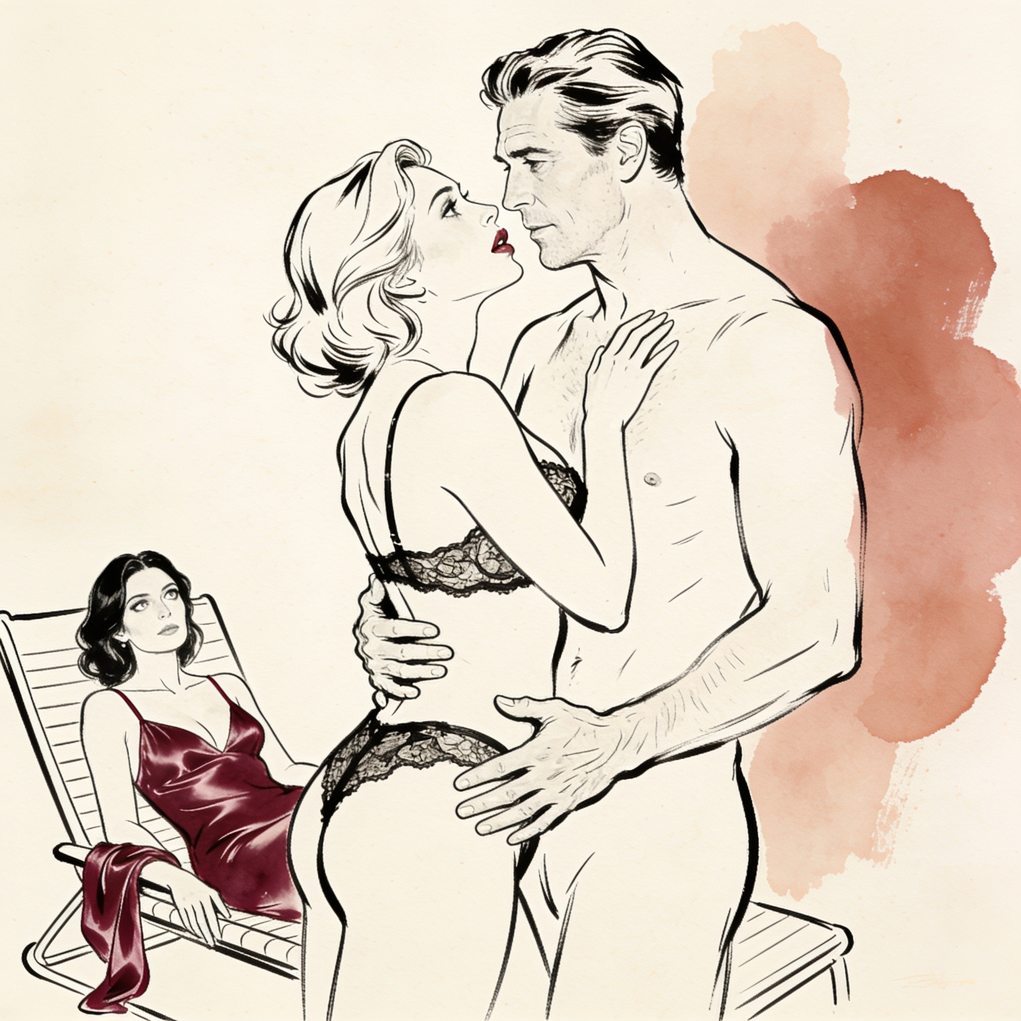 A blonde woman in lingerie leans into a man while another woman watches intently, lips ...
